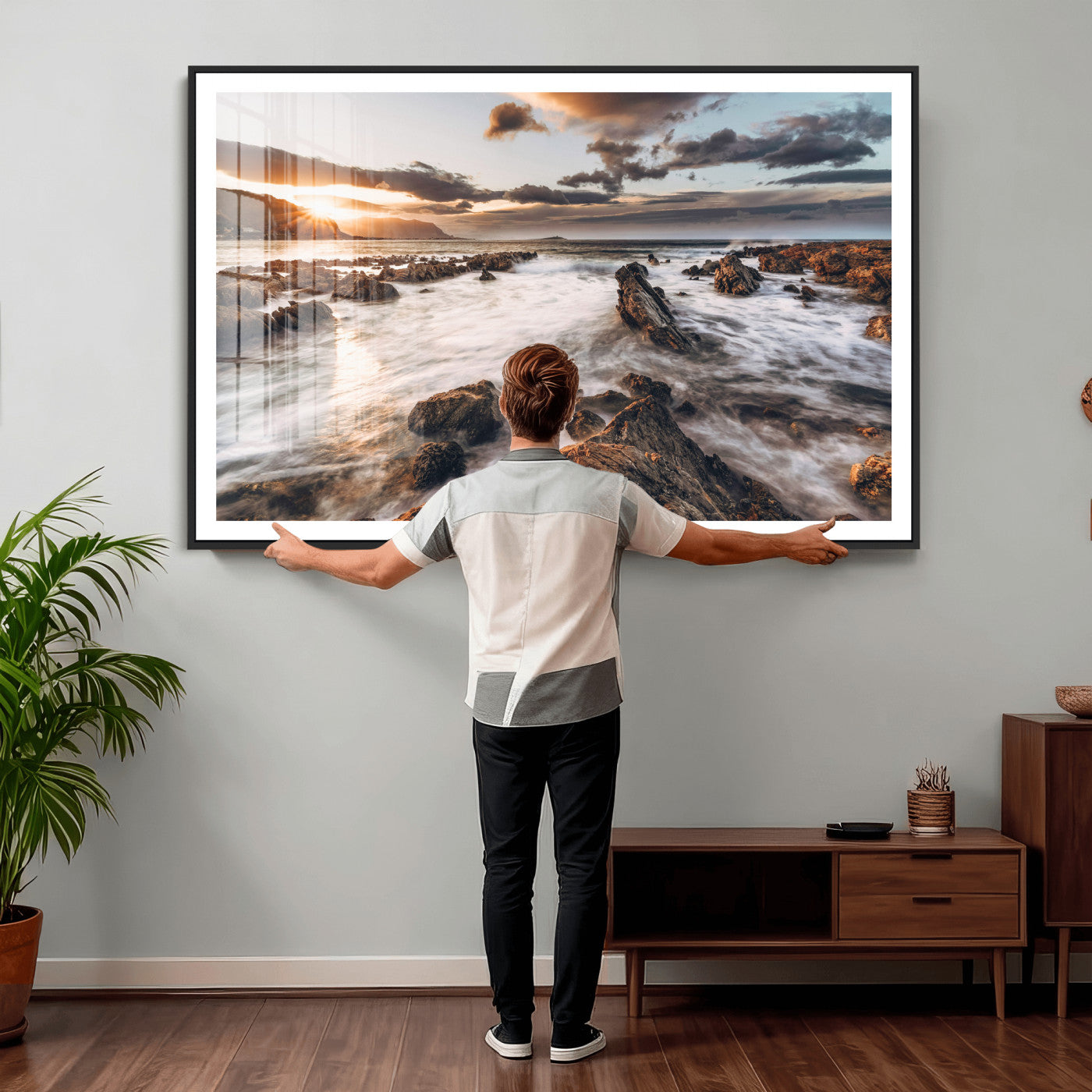 66746024-MGV-CV-36X24 - Rocky Coast Ocean Sunset Wall Art Canvas Print, Dramatic Seascape Nature Wall Decor for Living Room and Office