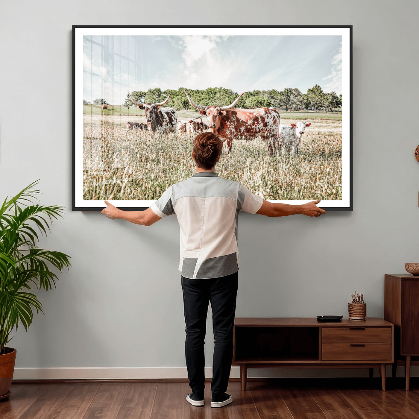 33963645-MGV-CV-36X24 - Texas Longhorn Cattle Wall Art Canvas Print, Western Ranch Landscape Nature Wall Decor for Living Room and Office