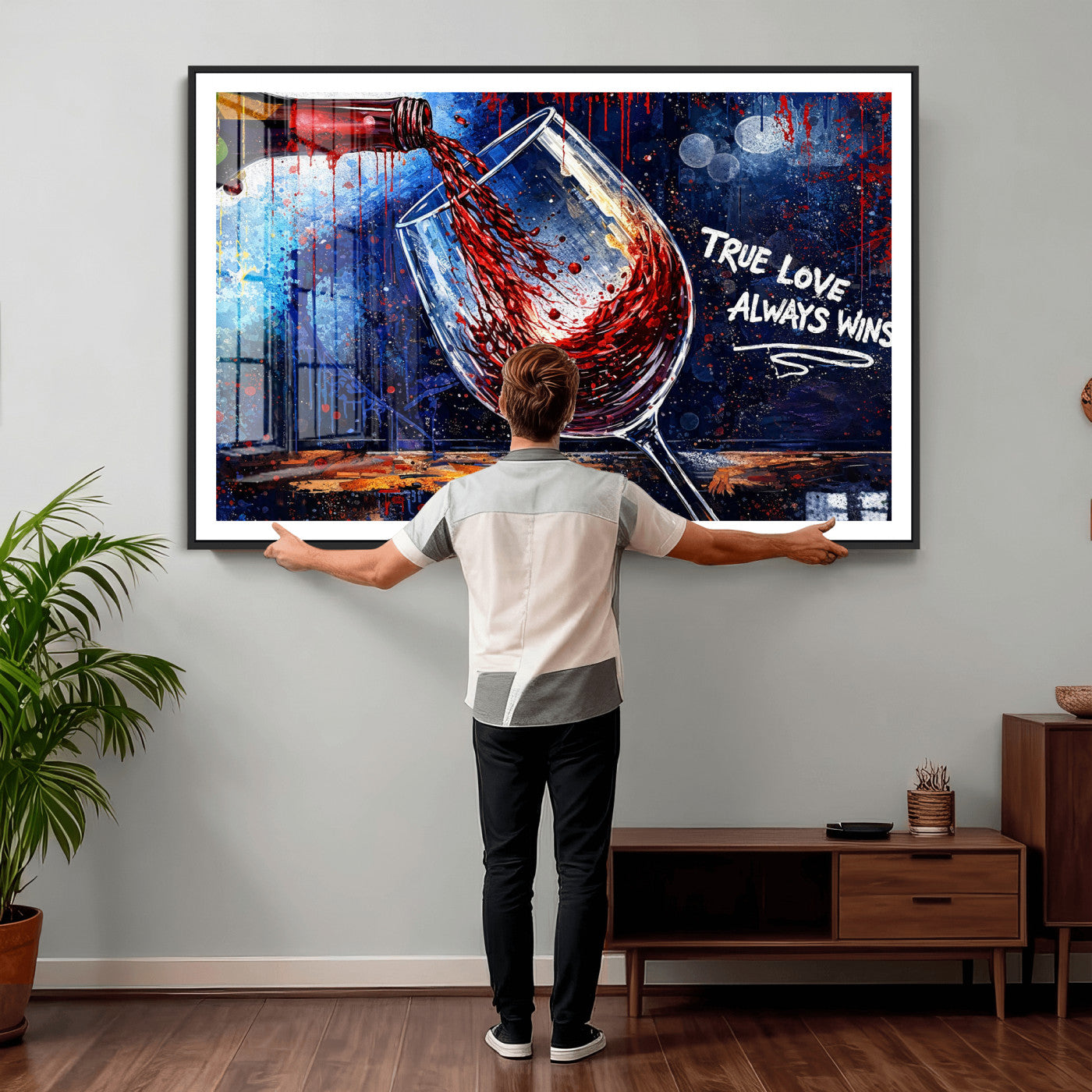 88788932-MGV-CV-36X24 - Red Wine Splash Abstract Wall Art Canvas Print, Modern Wine Glass Painting Canvas Print, Romantic Quote Contemporary Bar Art Print