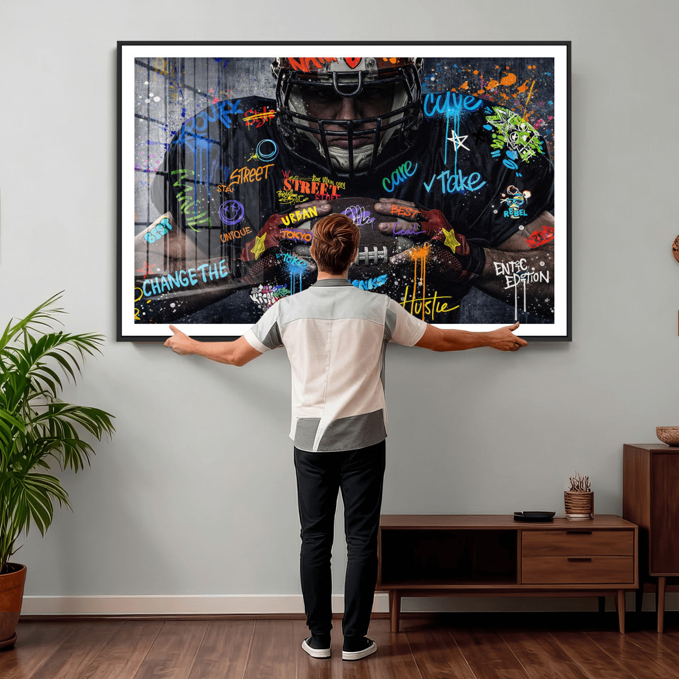 55267256-MGV-CV-36X24 - Graffiti American Football Player Street Art Wall Art Canvas Print, Urban Sports Pop Art Football Canvas Print, Modern Athletic Graffiti Contemporary Art Printing