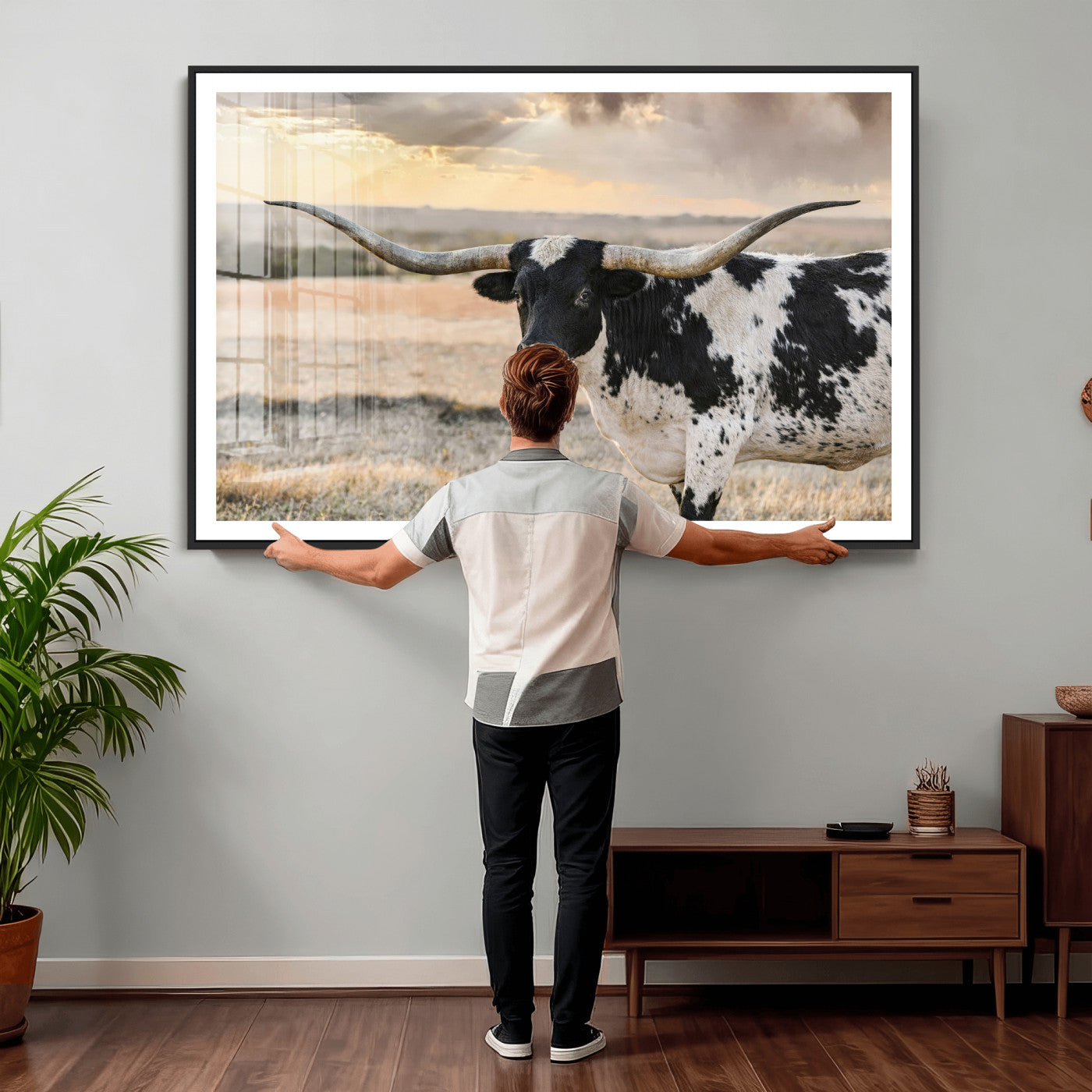 49350433-MGV-CV-36X24 - Texas Longhorn Bull Rustic Wall Art Canvas Print, Western Cattle Photography Canvas Print, Ranch Farm Animal Western Art Printing