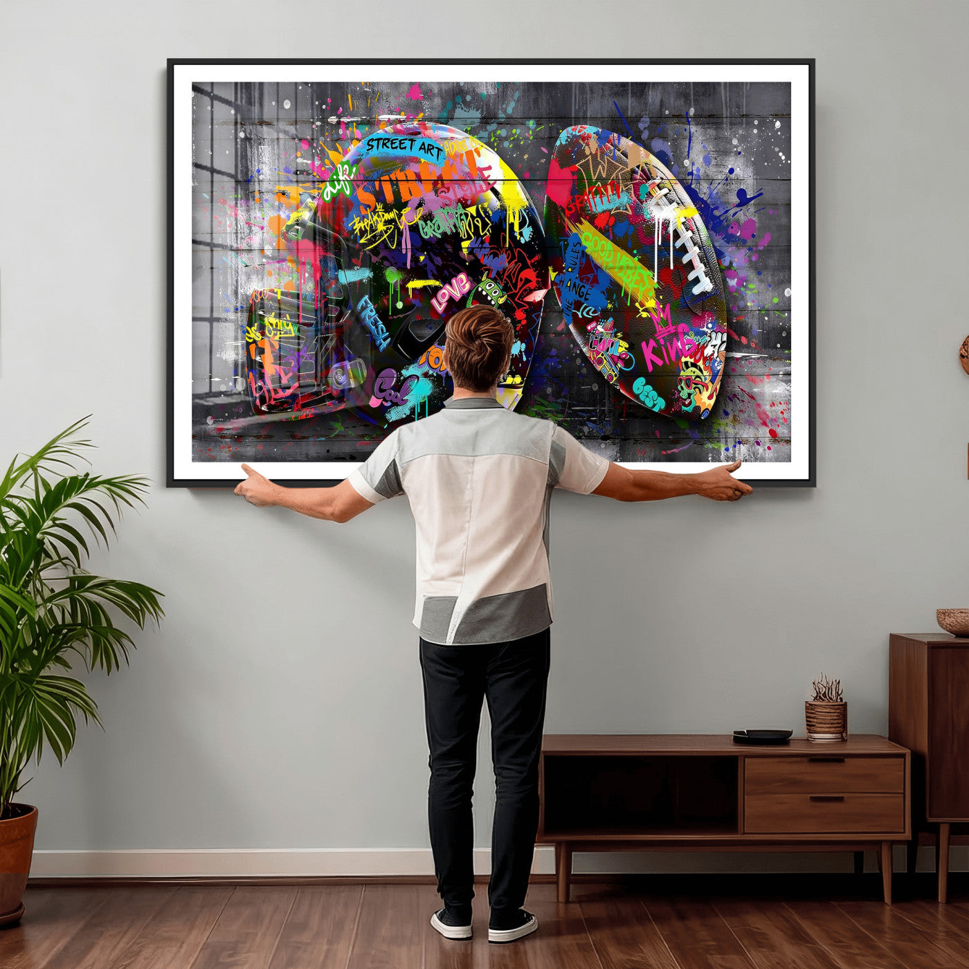 80540773-MGV-CV-36X24 - Graffiti American Football Helmet Street Art Wall Art Canvas Print, Urban Sports Pop Art Football Canvas Print, Colorful Graffiti Sports Contemporary Art Printing