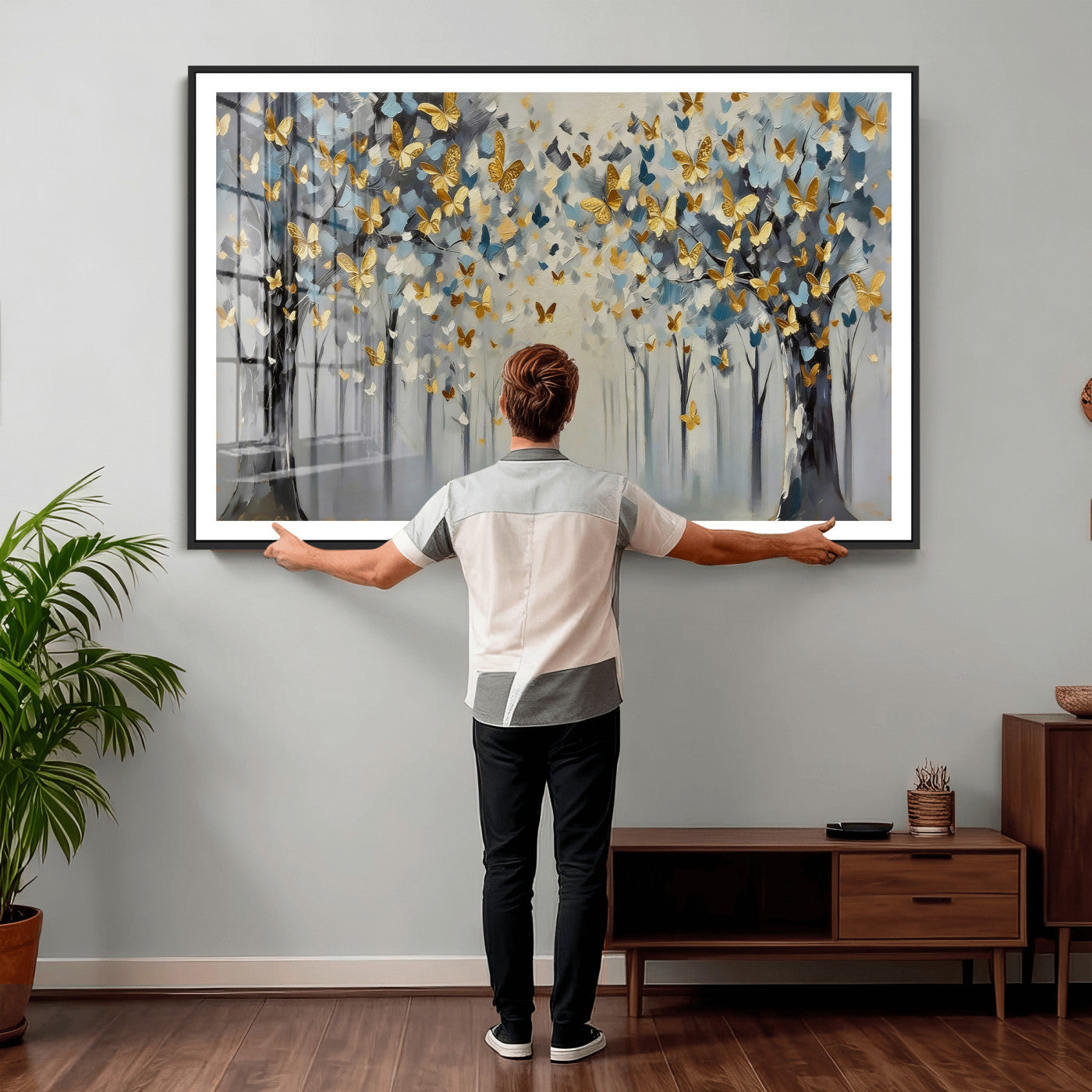 79208191-MGV-CV-36X24 - Golden Butterfly Tree Abstract Wall Art Canvas Print, Modern Elegant Nature Painting Canvas Print, Blue Gold Contemporary Floral Art Printing