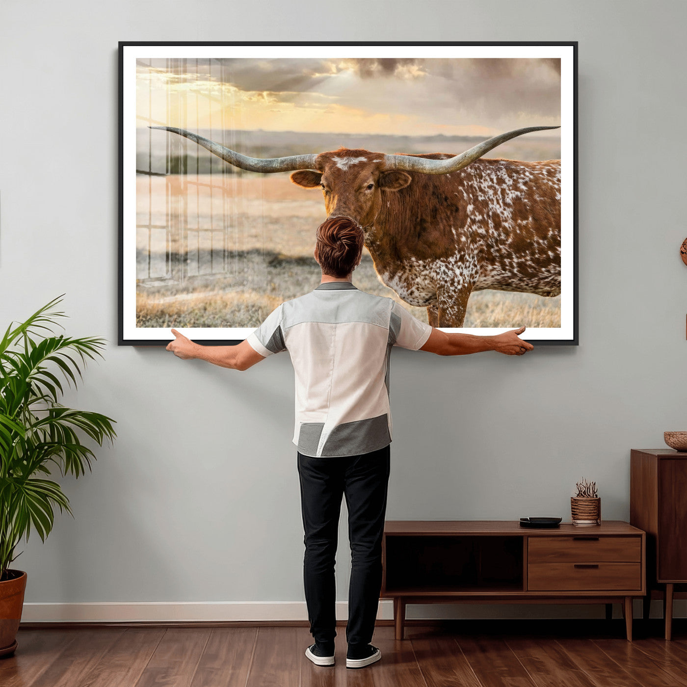 16502384-MGV-CV-36X24 - Texas Longhorn Wall Art Canvas Print, Western Ranch Bull Photography Canvas Print, Rustic Farmhouse Cattle Artwork for Living Room Decor