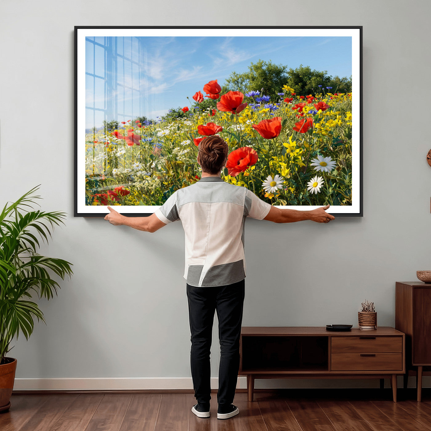 38570784-MGV-CV-36X24 - Wildflower Meadow Wall Art Canvas Print – Colorful Poppy and Daisy Field Landscape Artwork for Living Room Decor