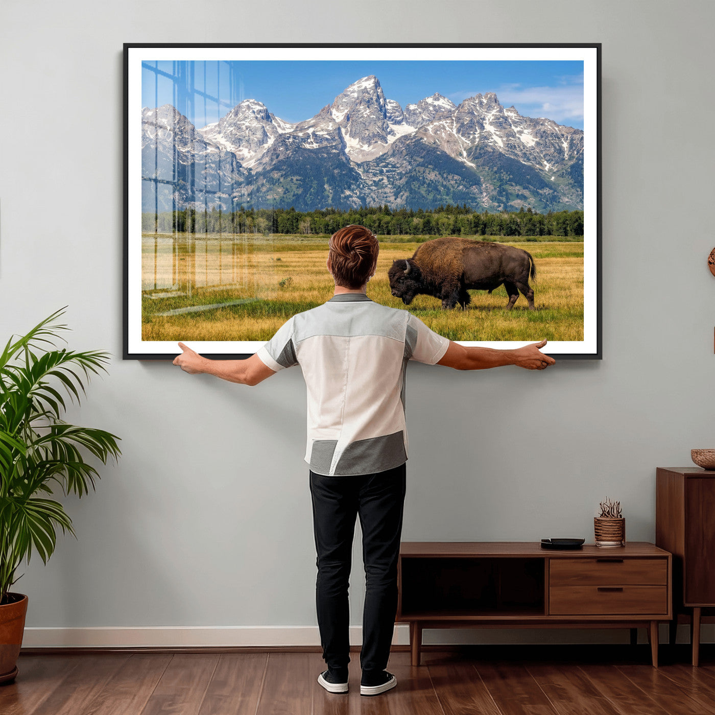 20424529-MGV-CV-36X24 - Bison in Mountain Landscape Wall Art Canvas Print – Western Wildlife Artwork for Rustic Living Room Decor