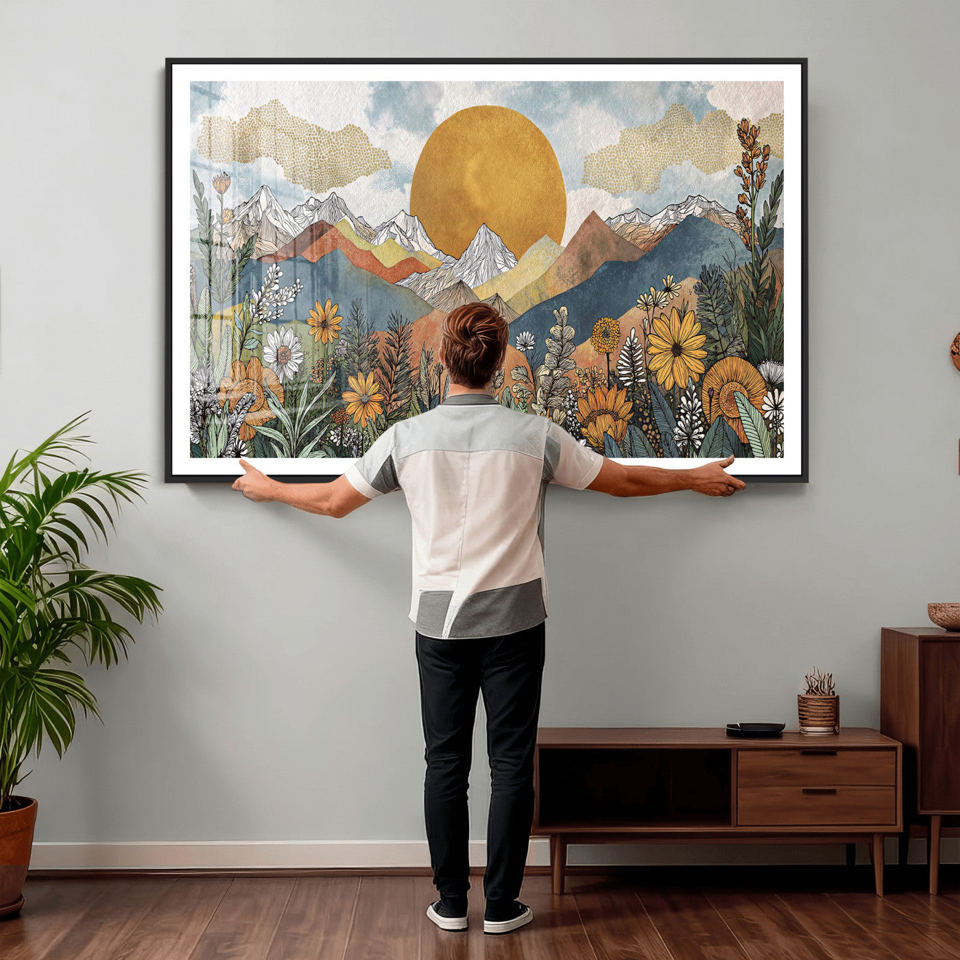 17540863-MGV-CV-36X24 - Boho Mountain Landscape Large Wall Art, Horizontal Gold Framed Canvas Print with Sun and Flowers