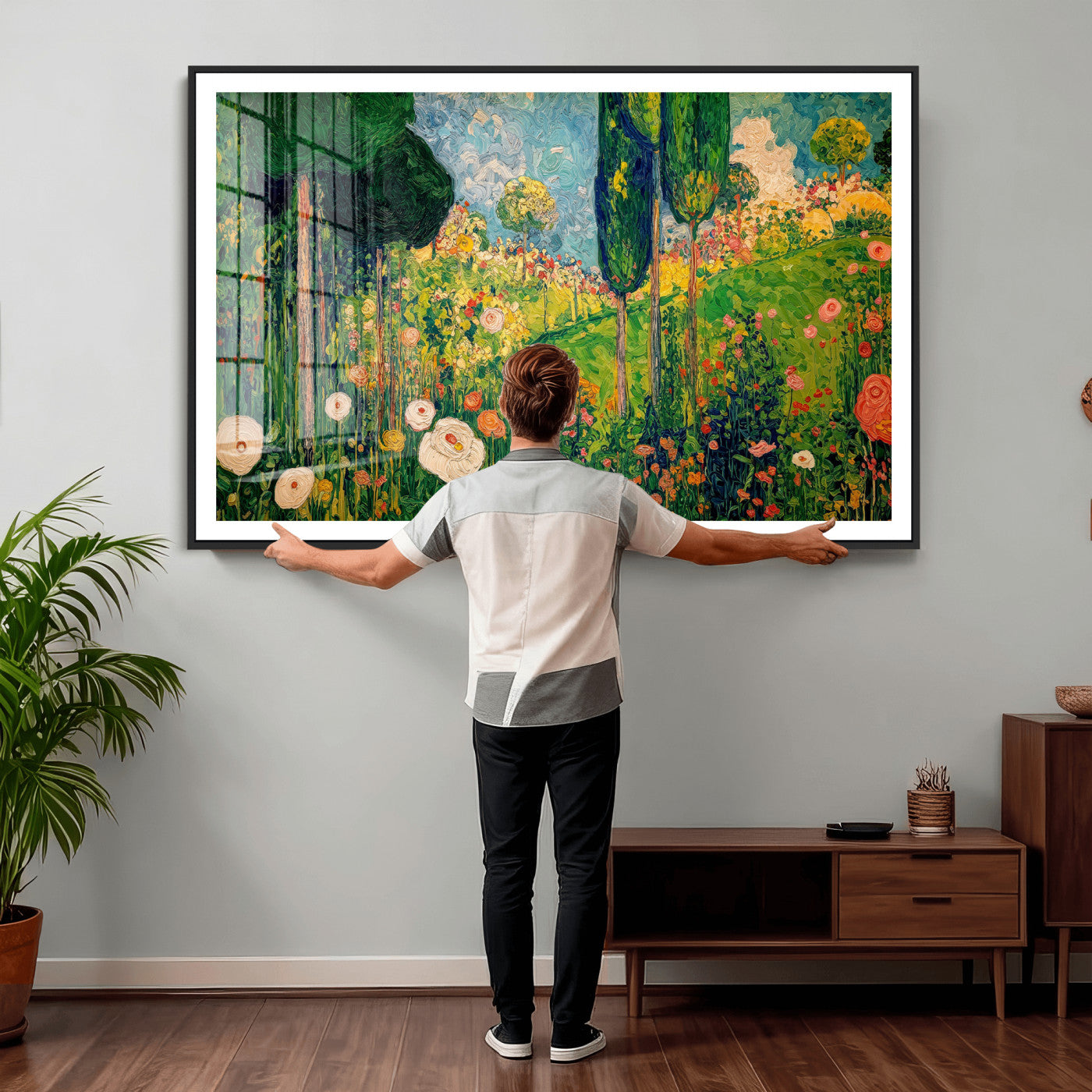 83517974-MGV-CV-36X24 - Gustav Klimt Boho Mountain Landscape Large Wall Art, Horizontal Gold Framed Canvas Print with Sun and Flowers