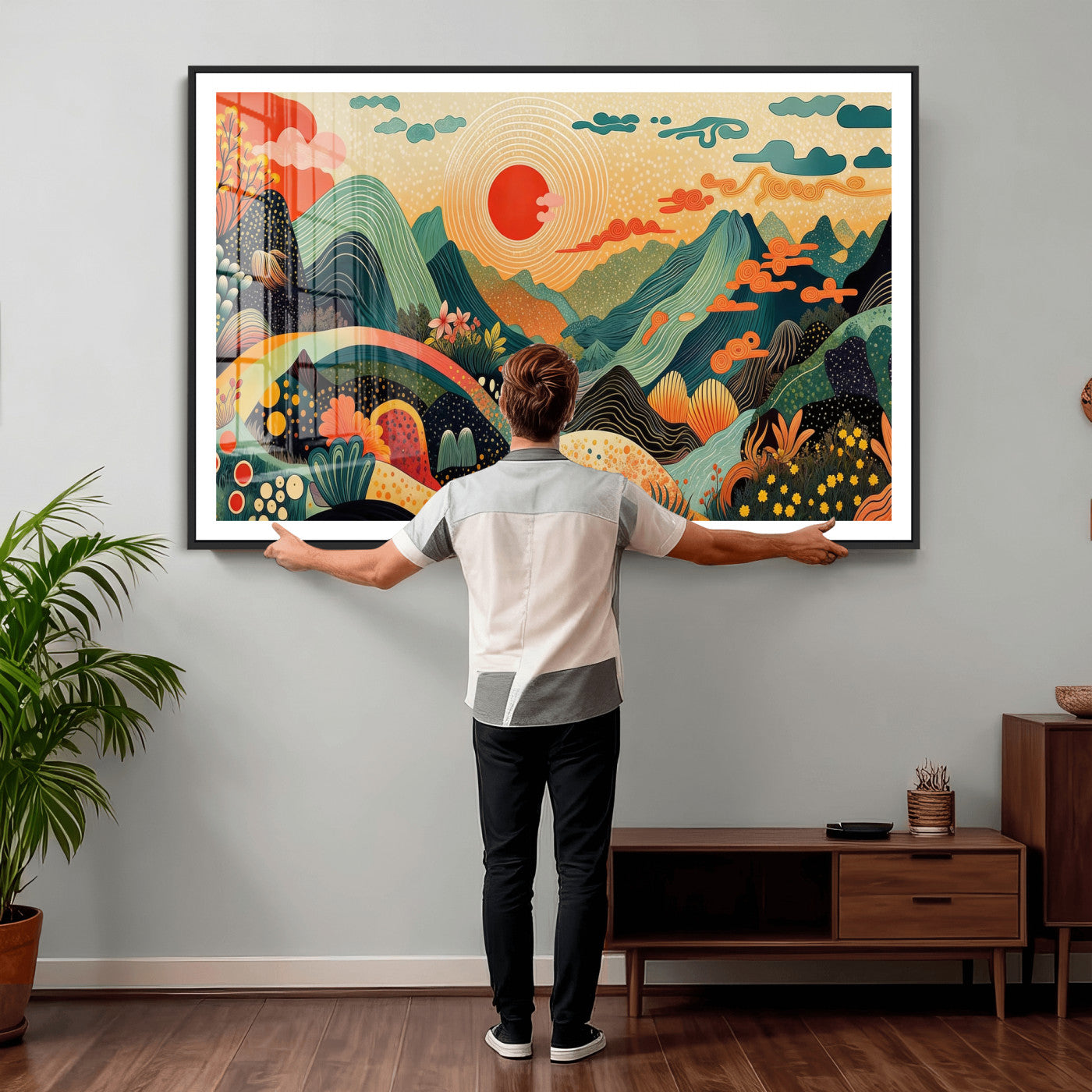 29927191-MGV-CV-36X24 - Yayoi Kusama Boho Mountain Landscape Large Wall Art, Horizontal Gold Framed Canvas Print with Sun and Flowers