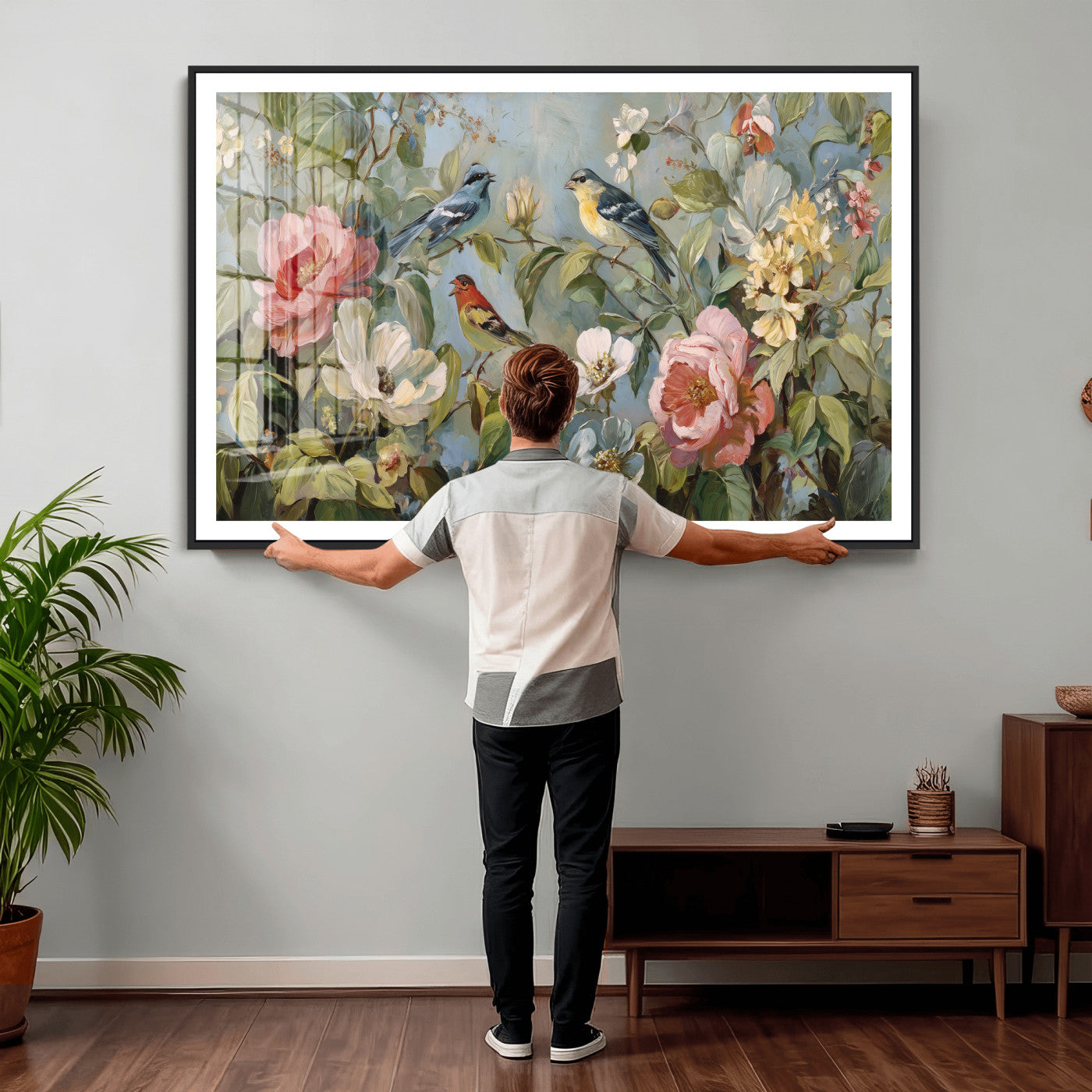 55440837-MGV-CV-36X24 - Vintage Birds and Flowers Wall Art Canvas Print, Botanical Bird Painting Canvas Print, Floral Garden Bird Artwork Canvas Print, Classic Bird Flower Painting Canvas Print