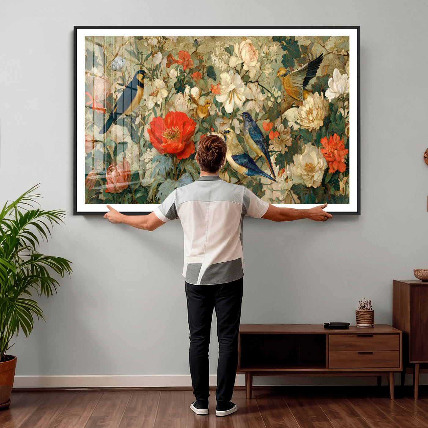 52904757-MGV-CV-36X24 - Vintage Birds and Flowers Wall Art Canvas Print, Botanical Bird Painting Canvas Print, Floral Garden Bird Artwork Canvas Print, Classic Bird Flower Painting Canvas Print