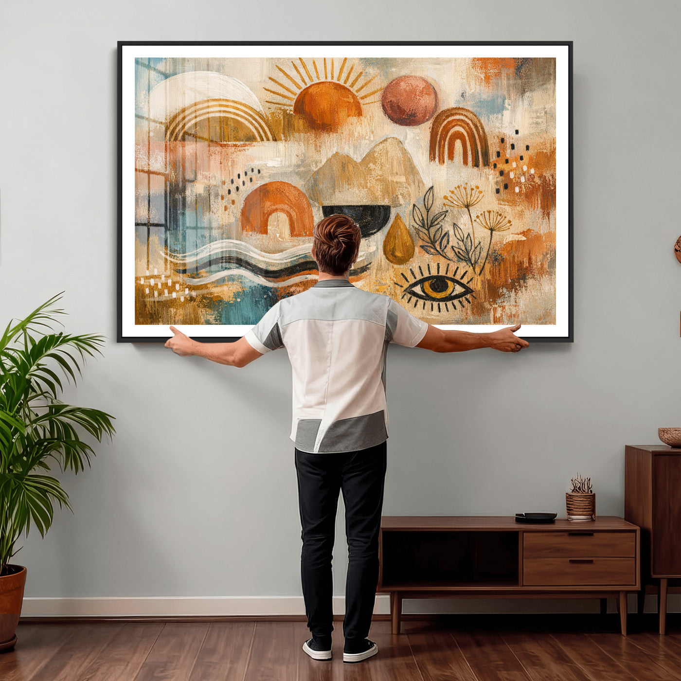 52155239-MGV-CV-36X24 - Geometric Boho Abstract Wall Art Canvas Print, Orange Blue Abstract Expressionist Painting Print, Modern Geometric Abstract Canvas Art