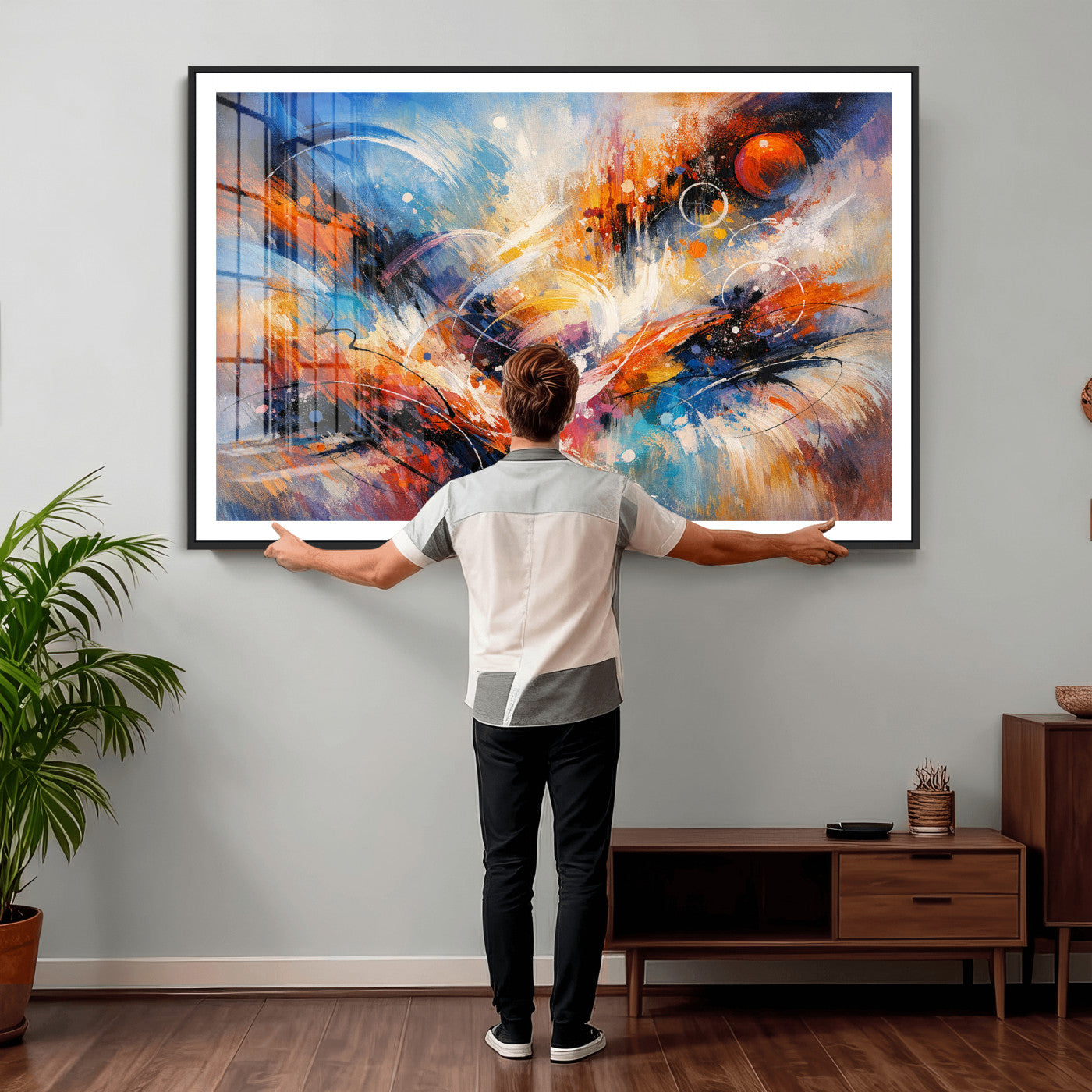 47770355-MGV-CV-36X24 - Geometric Abstract Wall Art Canvas Print, Orange Blue Abstract Expressionist Painting Print, Modern Geometric Abstract Canvas Art