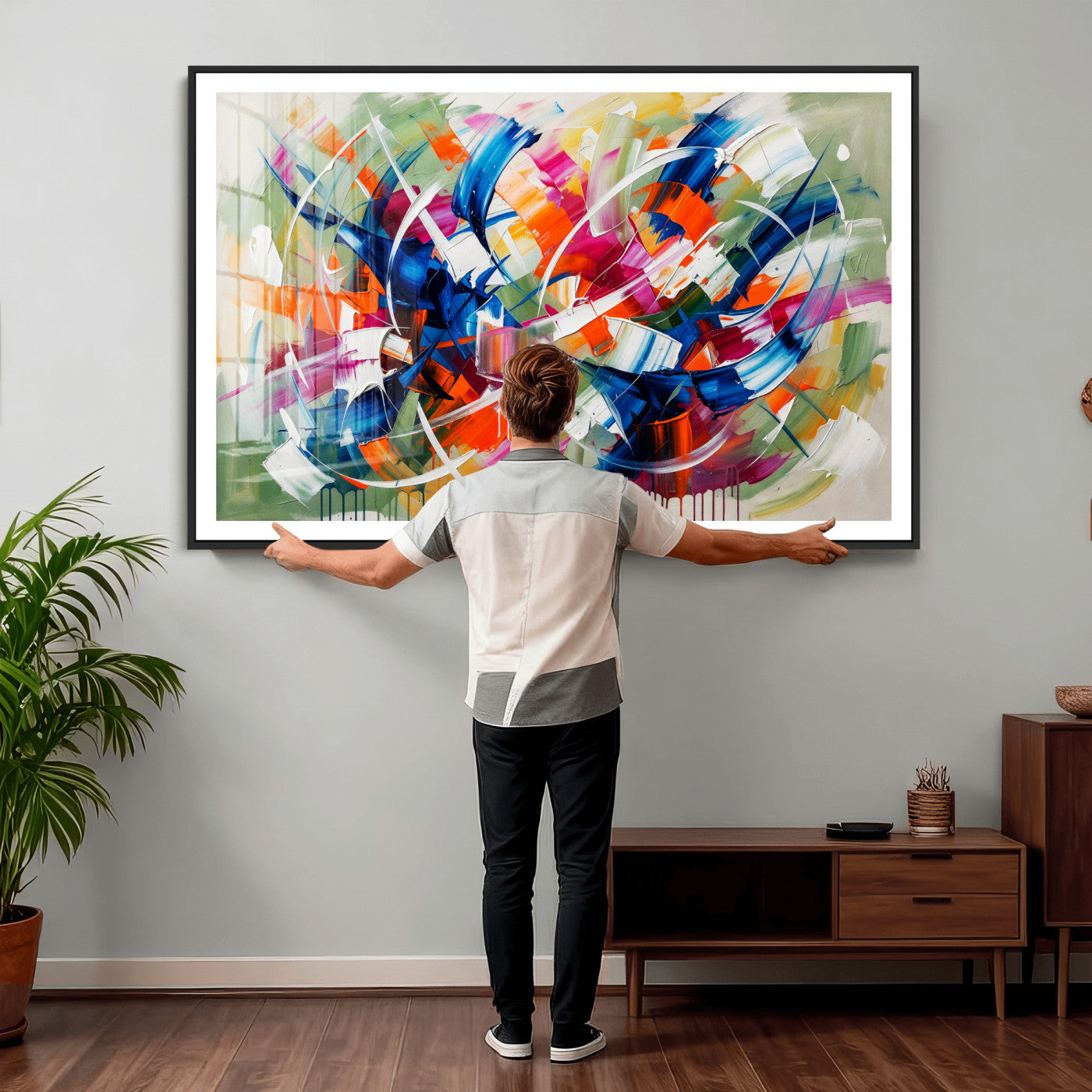 15032888-MGV-CV-36X24 - Geometric Abstract Wall Art Canvas Print, Orange Blue Abstract Expressionist Painting Print, Modern Geometric Abstract Canvas Art