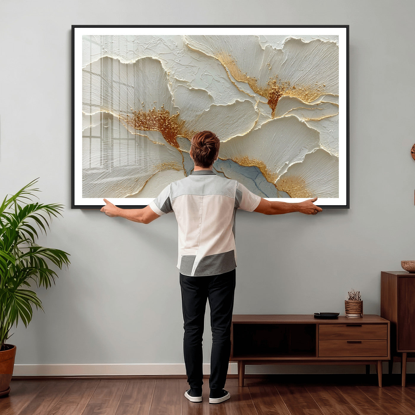 4712069F1-MGV-CV-36X24 - White Gold Floral Canvas Wall Art — Textured Flower Print | Luxury Botanical Decor | Elegant Bedroom Art | Gold Leaf Wall Art Gift