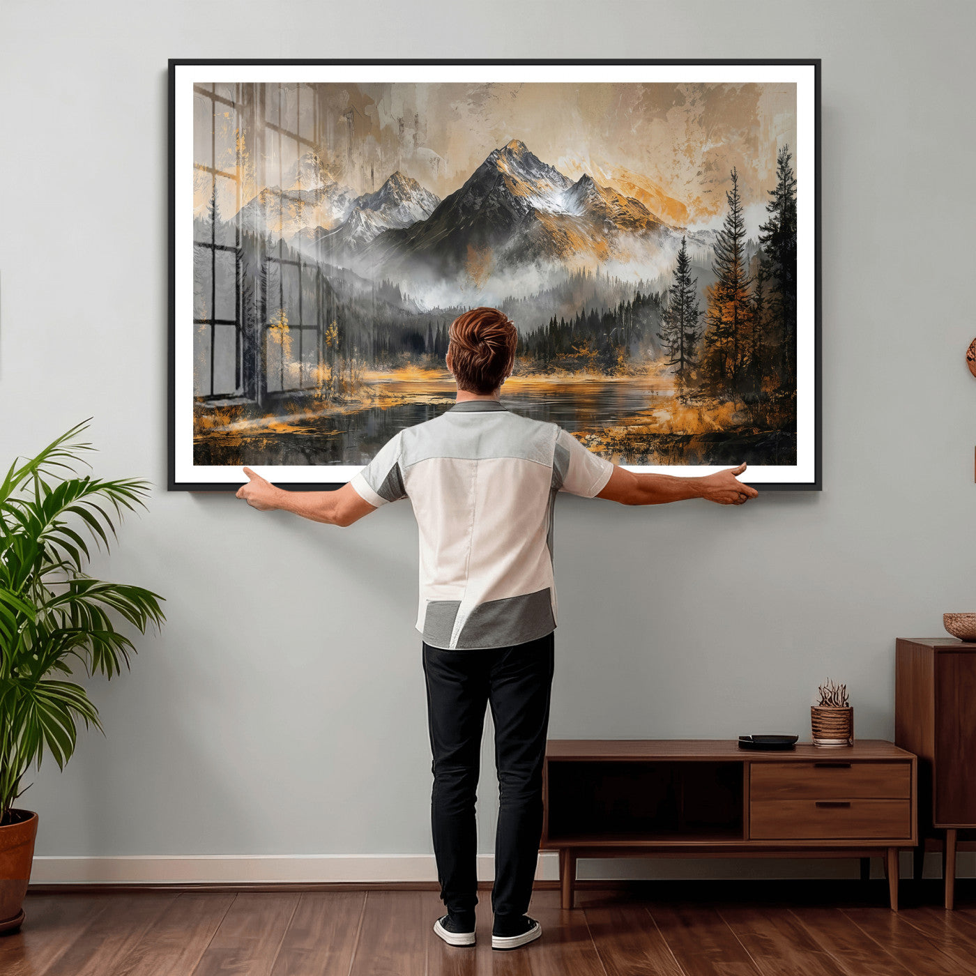 4712069D1-MGV-CV-36X24 - Mountain Lake Canvas Wall Art — Rustic Forest Landscape Print | Gold Grey Nature Decor | Cabin Wall Art | Large Wilderness Art Print Gift