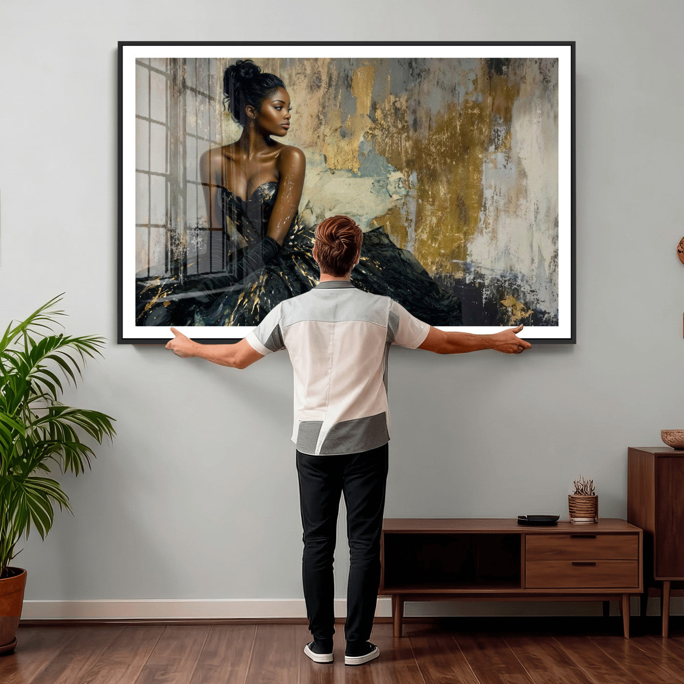4712069Z1-MGV-CV-36X24 - Elegant Woman Canvas Wall Art — Black Gold Gown Fashion Print | Luxury Glam Wall Decor | African American Art | Bold Bedroom Wall Art Gift