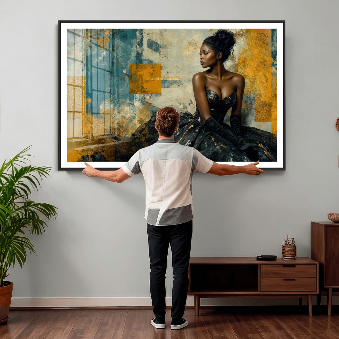 4712069Z21-MGV-CV-36X24 - Elegant Woman Canvas Wall Art — Black Gold Gown Fashion Print | Luxury Glam Wall Decor | African American Art | Bold Bedroom Wall Art Gift
