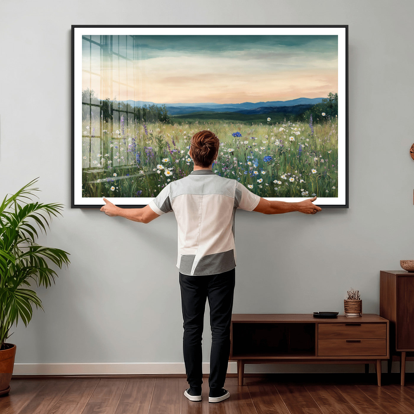 35773805-MGV-CV-36X24 - Wildflower Meadow Oil Painting Canvas — Daisy Lavender Mountain Sunset Print | Cottagecore Floral Wall Art | Bedroom Decor Gift for Her