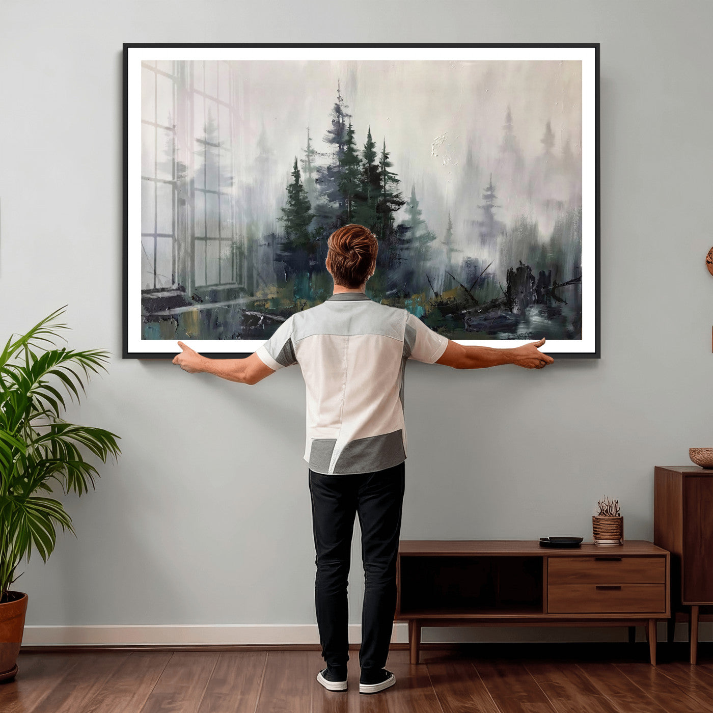 94143325-MGV-CV-36X24 - Misty Pine Forest Oil Painting Canvas — Dark Moody Teal Grey Tree Print | Japandi Scandinavian Wall Art | Minimalist Nature Decor Gift