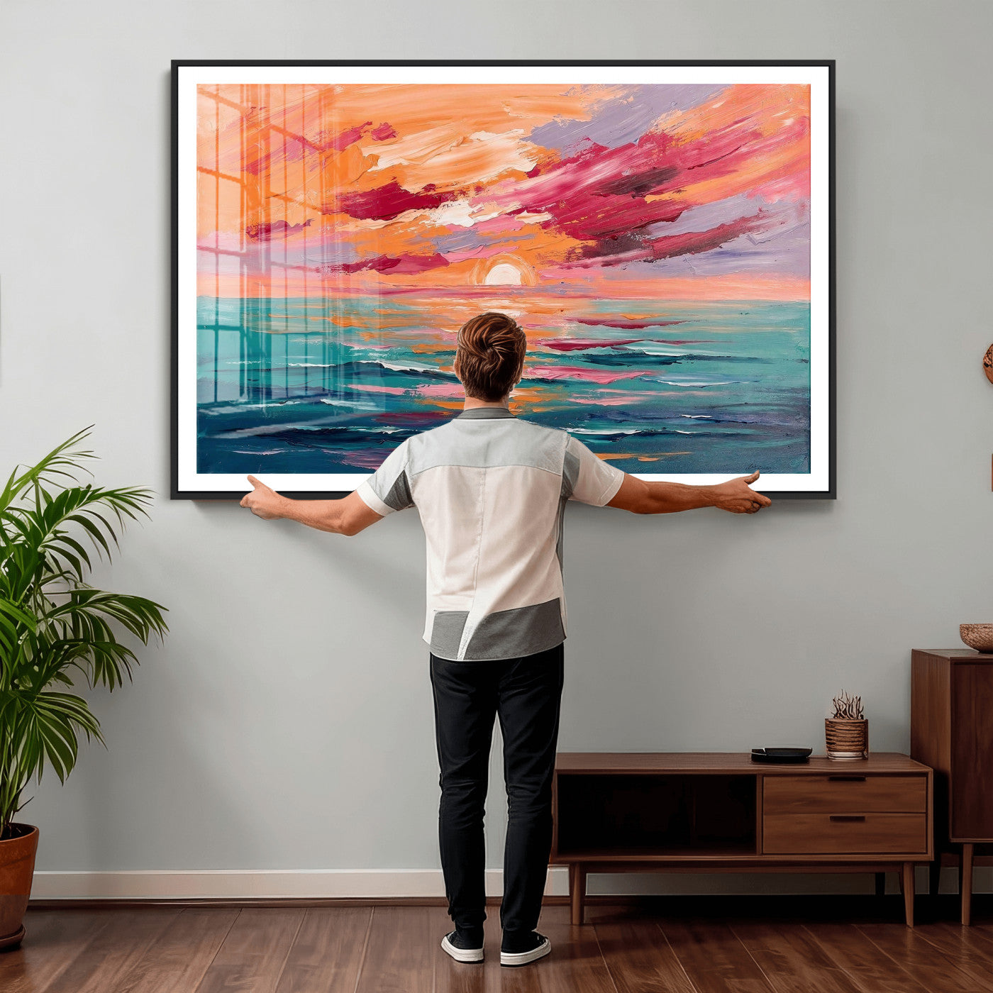 26763902-MGV-CV-36X24 - Bold Palette Knife Ocean Sunset Canvas — Orange Pink Teal Expressionist Sea Print | Colorful Coastal Wall Art | Vibrant Beach Decor Gift