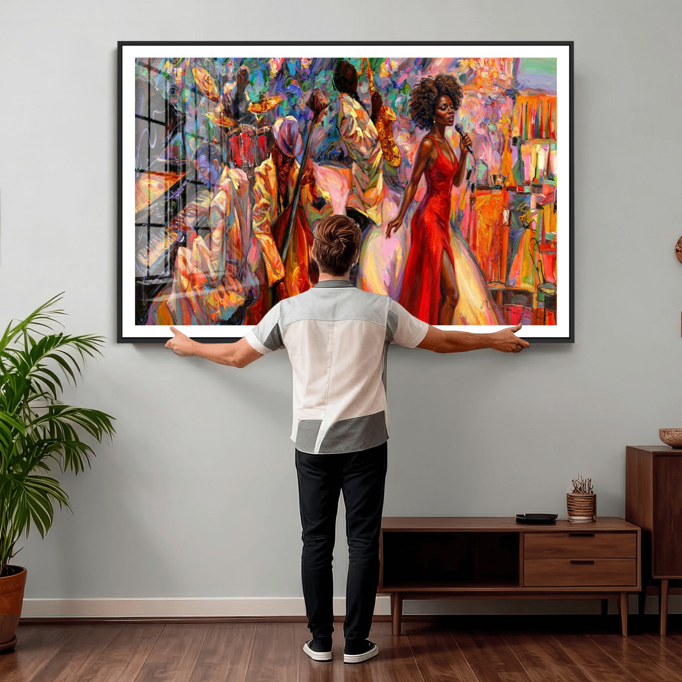 72615137-MGV-CV-36X24 - African American Jazz Singer Canvas Art - Red Dress Black Woman Music Print | Colorful Jazz Band Wall Decor | Living Room Gift for Her