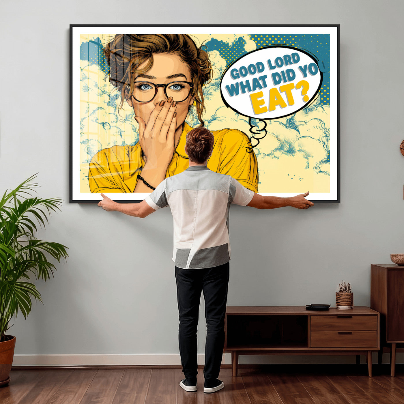 35819669-MGV-CV-36X24 - Pop Art Print Bathroom Sign Wall Art Canvas Print — Funny Bathroom Canvas | Comic Style Toilet Wall Decor | Humor Gift | Yellow Bold Bathroom Art