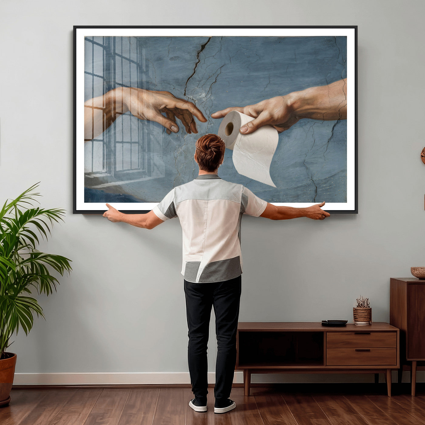 42648143-MGV-CV-36X24 - Funny Bathroom Canvas Wall Art, Michelangelo Creation of Adam Toilet Paper Parody, Renaissance Humor Print, Quirky Housewarming Gift, Toilet Room Decor