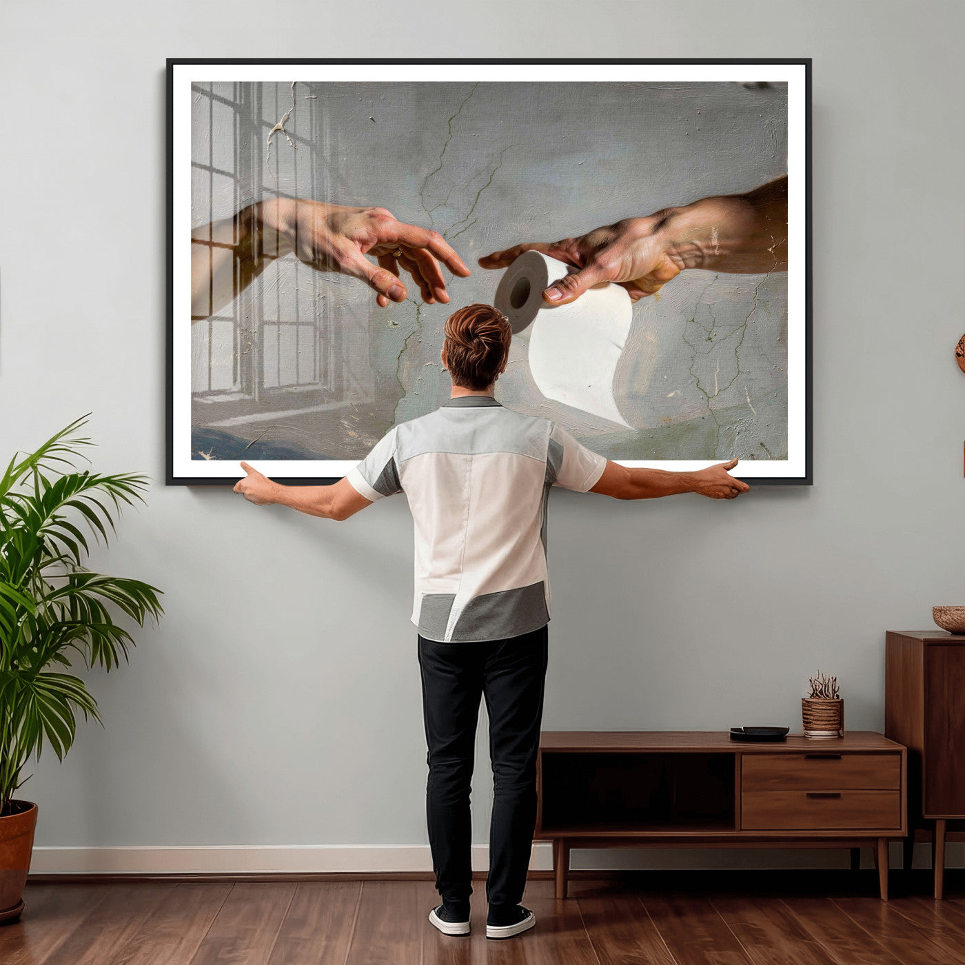 72030048-MGV-CV-36X24 - Funny Bathroom Wall Art Canvas, Creation of Toilet Paper Parody Print, Renaissance Humor Decor, Toilet Room Art, Quirky Housewarming Gift, Classic Art Spoof