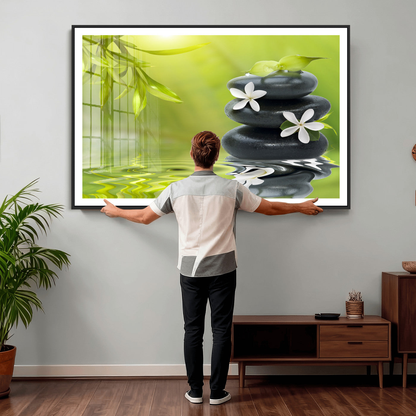 51106626-MGV-CV-36X24 - Plumeria Frangipani Black Stone Canvas | White Flower Spa Photography Print | Tropical Zen Wall Art | Grey Pebble Floral for Meditation Yoga Room Decor