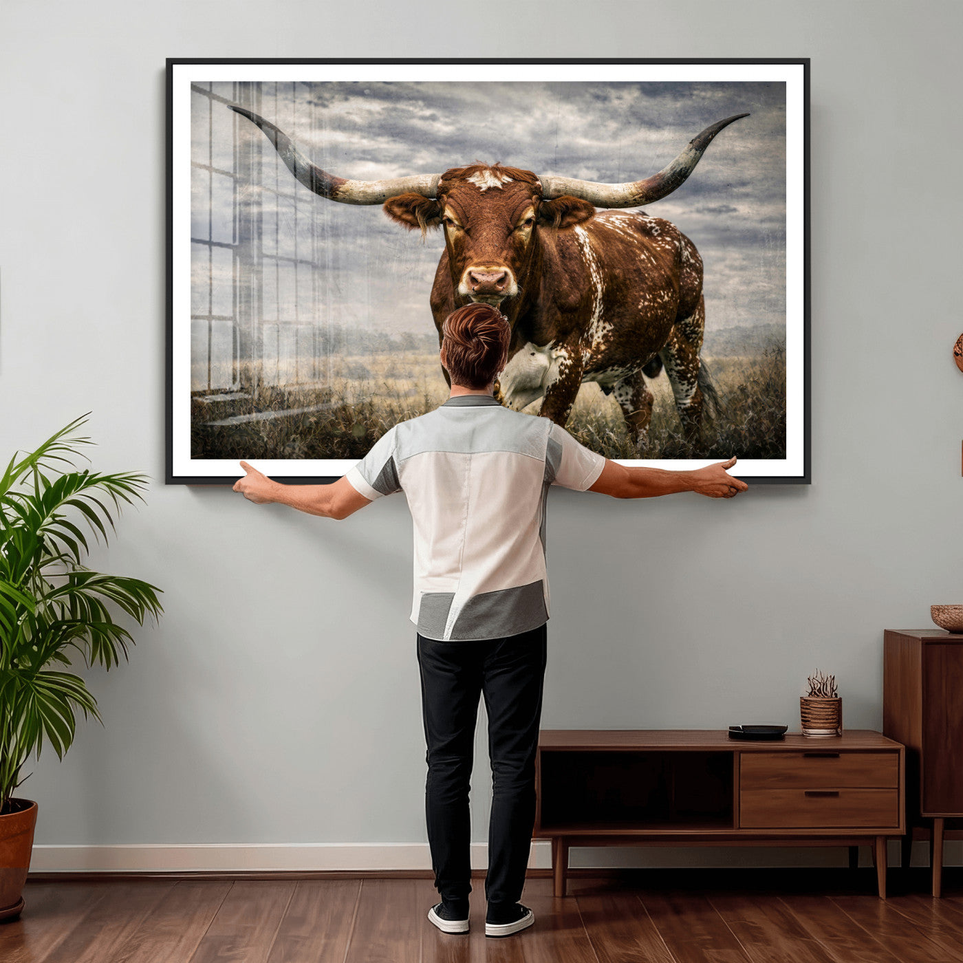 14372769-MGV-CV-36X24 - Texas Longhorn Canvas Wall Art Western Bull Desert Moody Grey Overcast Rustic Farmhouse Framed Large for Living Room Bedroom Office Decor