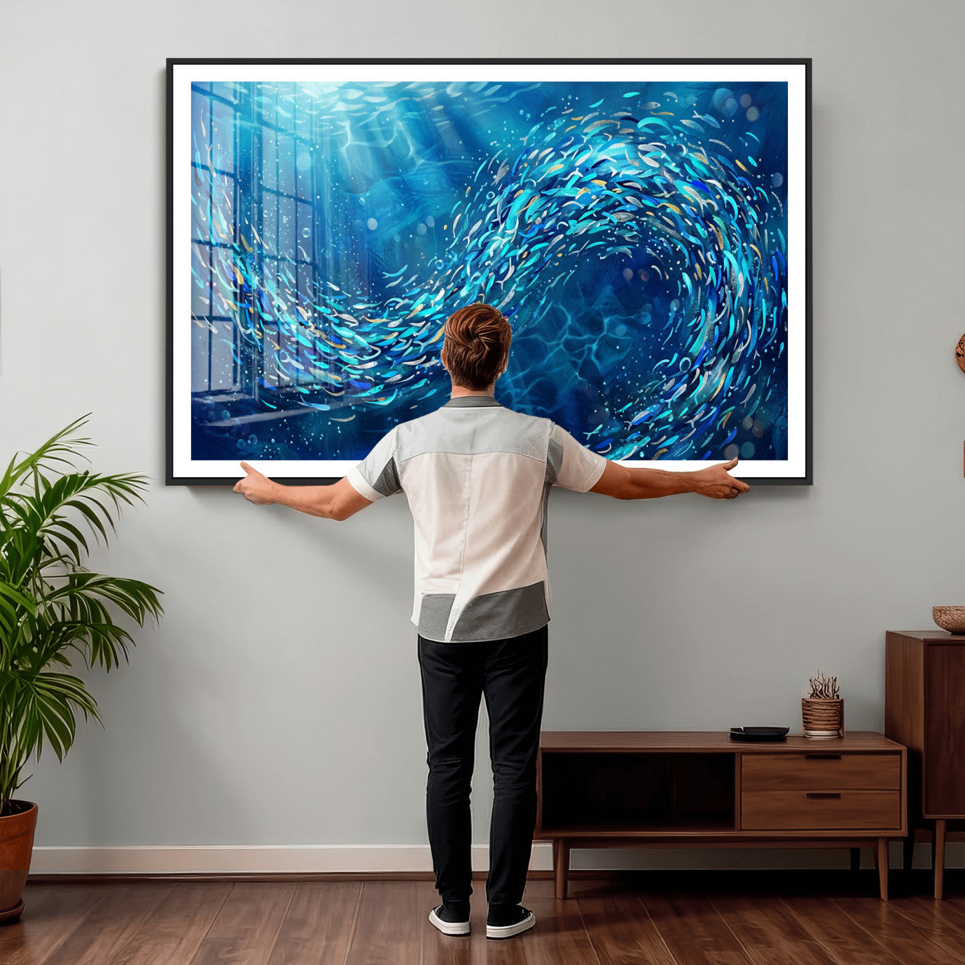 54535639-MGV-CV-36X24 - School of Fish Canvas Print | Blue Ocean Underwater Wall Art | Swirling Fish Shoal Illustration | Marine Navy Coastal Decor