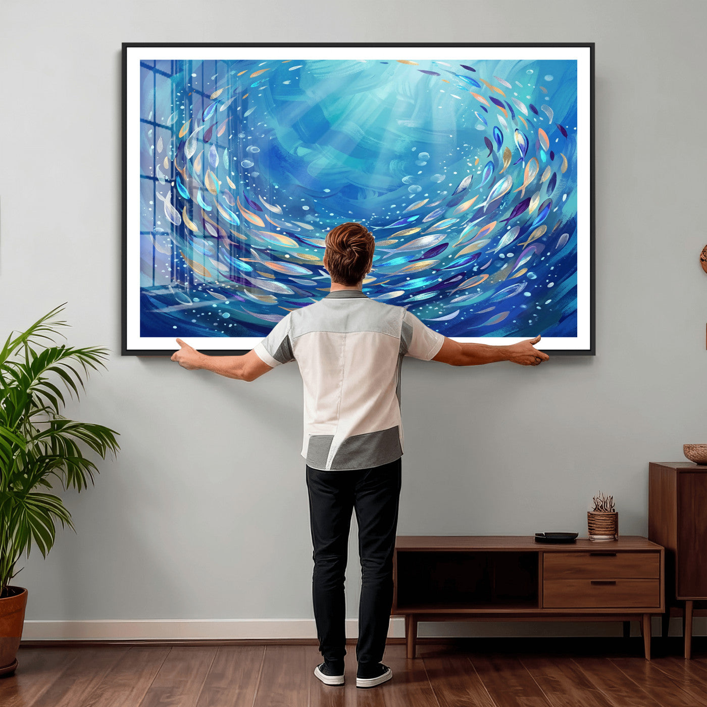 78699899-MGV-CV-36X24 - School of Fish Canvas Print | Blue Ocean Underwater Wall Art | Swirling Fish Shoal Illustration | Marine Navy Coastal Decor