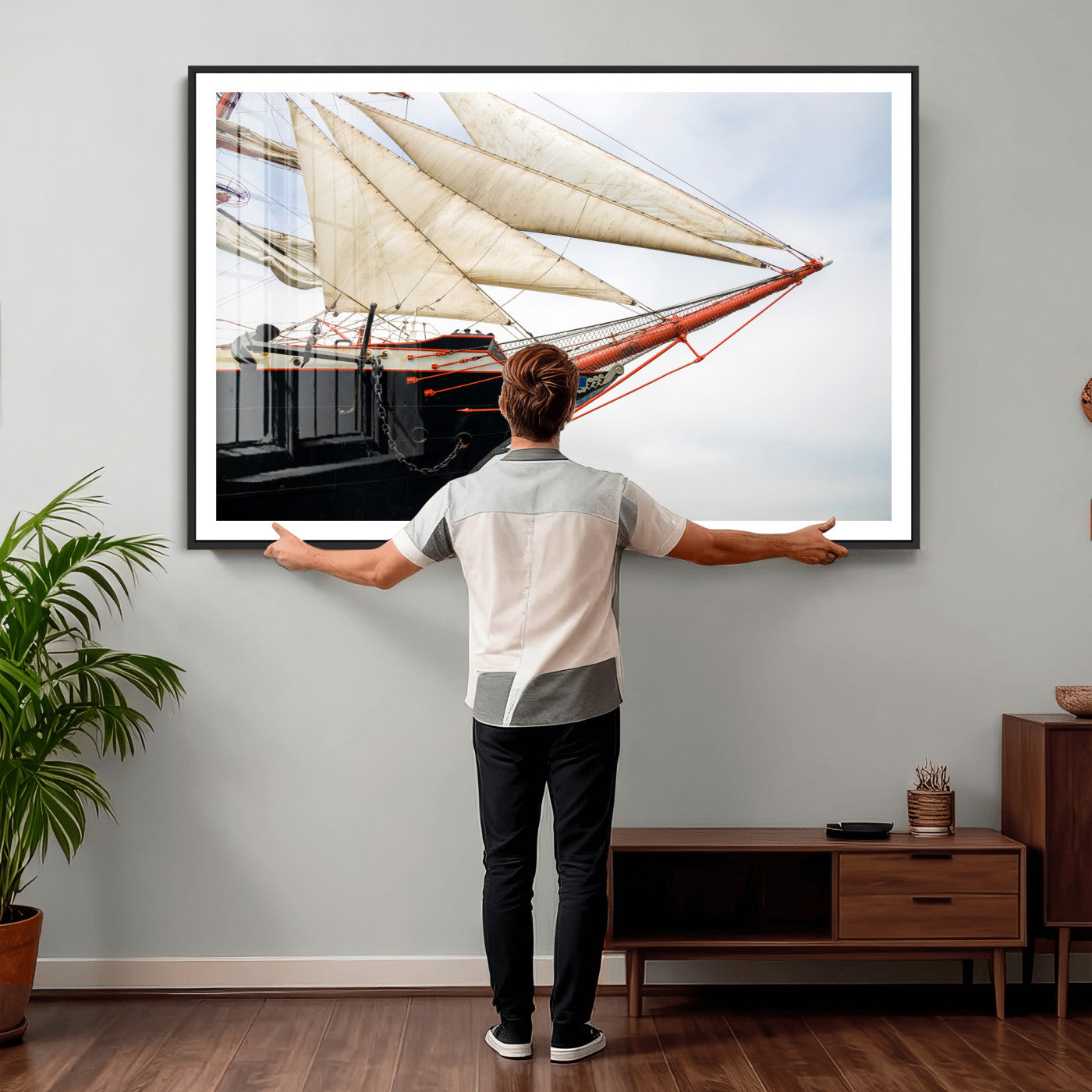64830036-MGV-CV-36X24 - Sailboat Wall Art Canvas Print, Vintage Ship Bow Framed Artwork, Nautical Sailing Decor for Living Room Office Beach House