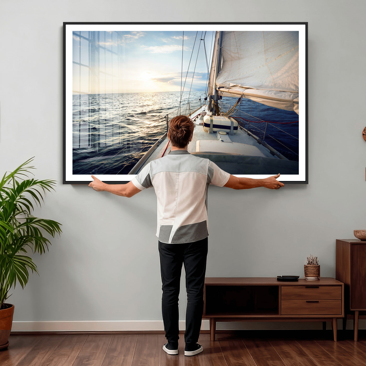 76381335-MGV-CV-36X24 - Sailboat Wall Art Canvas Print, Ocean Sunset Sailing Framed Artwork, Coastal Nautical Seascape Decor for Living Room Office Beach House