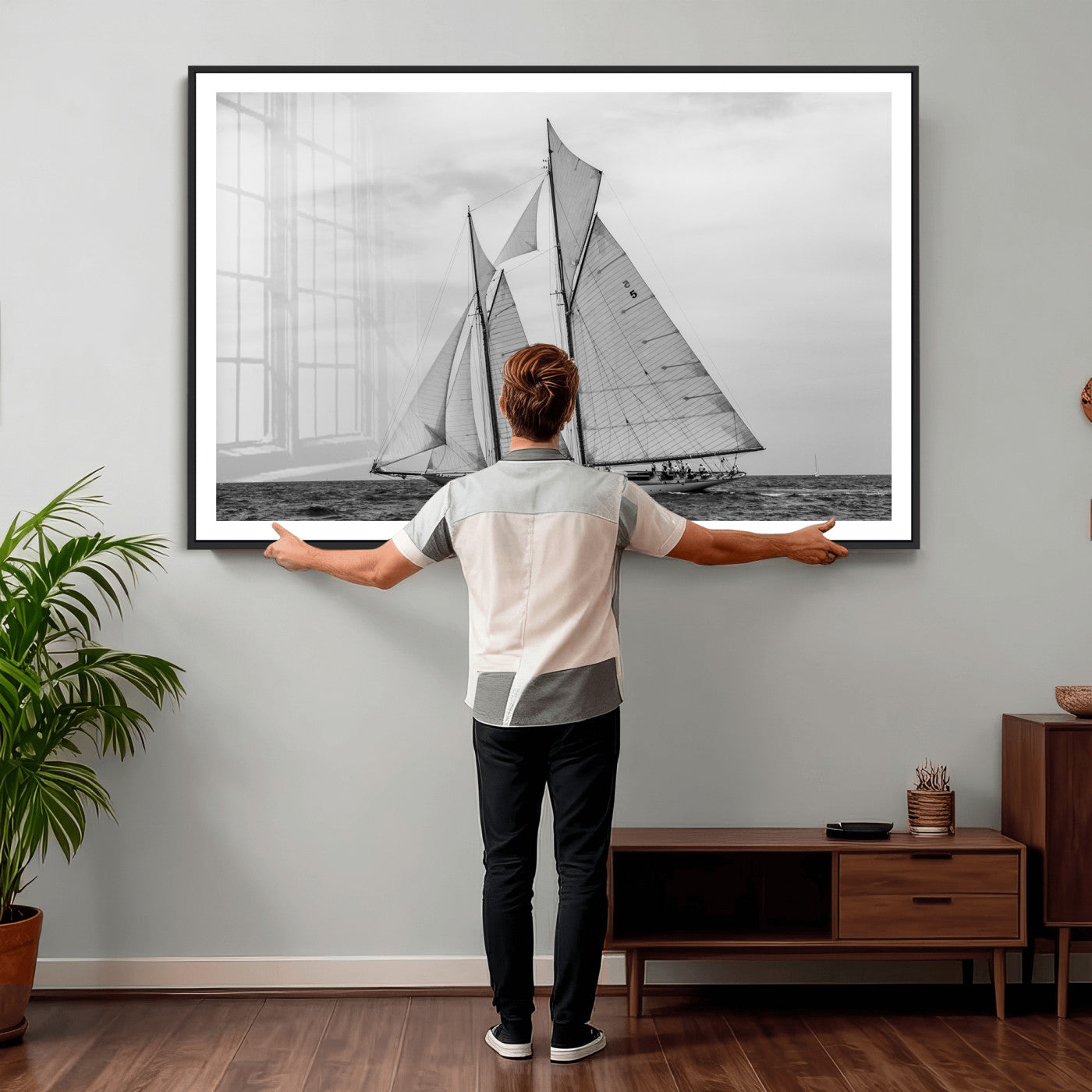 52882918-MGV-CV-36X24 - Vintage Sailboat Wall Art Canvas Print, Black and White Schooner Framed Artwork, Nautical Ocean Sailing Decor for Living Room Office Beach House