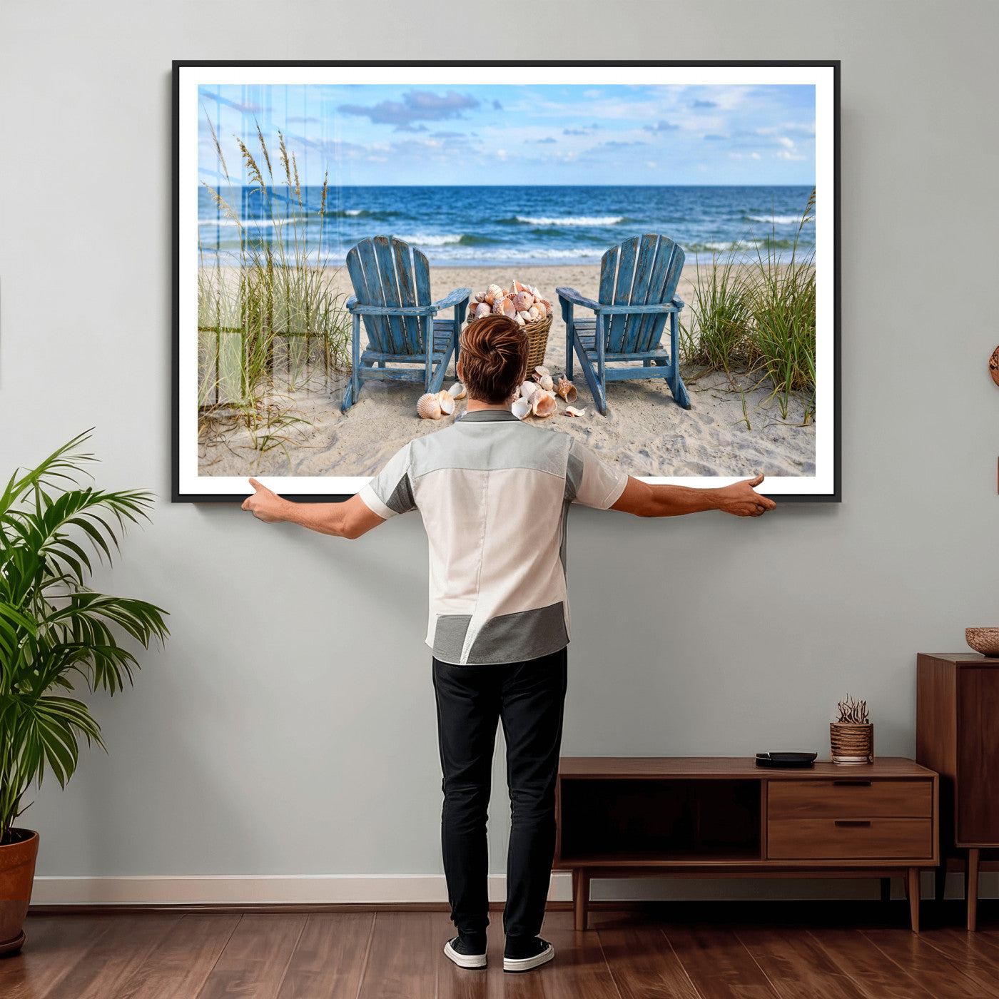 80268829-MGV-CV-36X24 - Large Beach Canvas Wall Art Coastal Adirondack Chairs Ocean Seashells Blue Nautical Framed Large for Living Room Bedroom Bathroom Decor