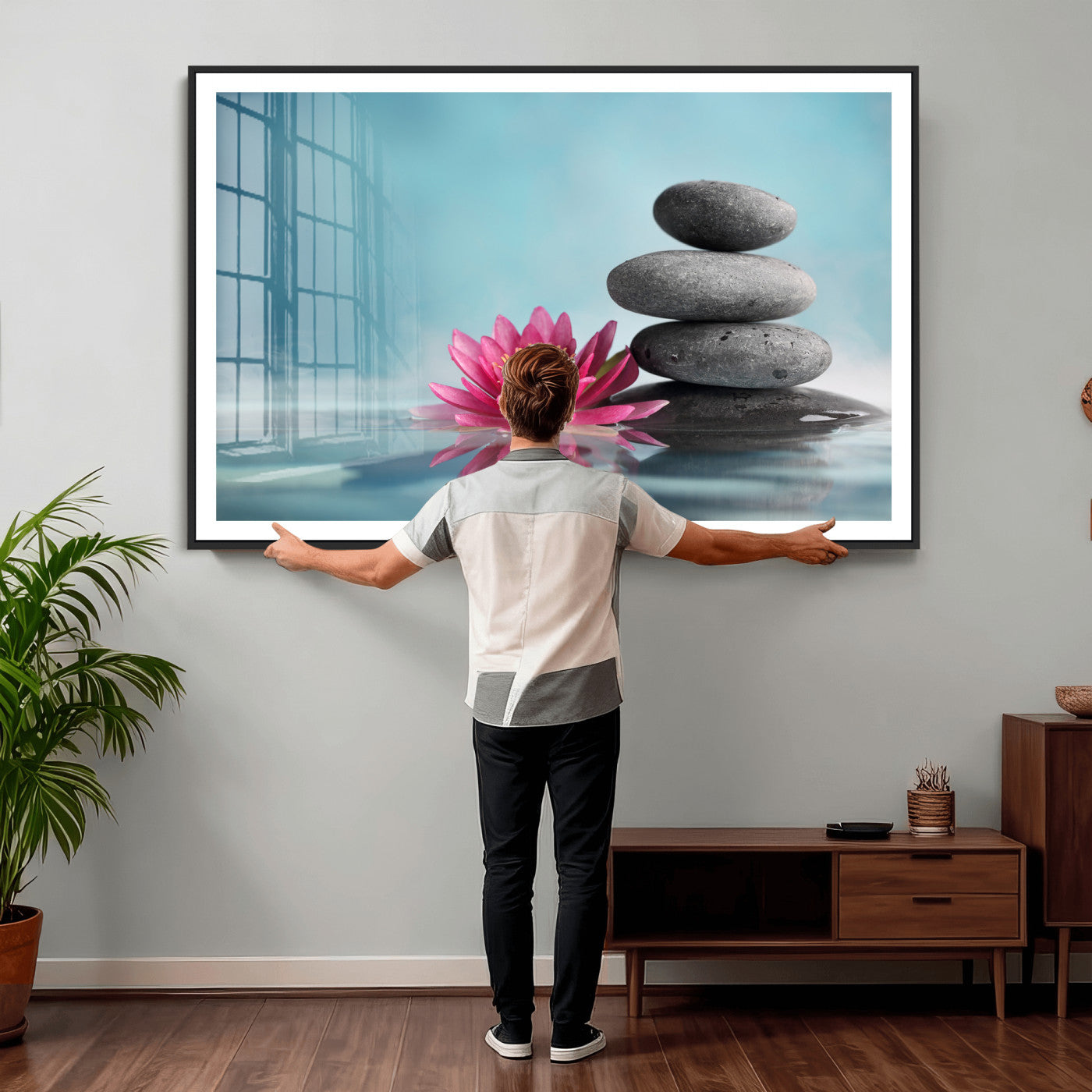 84293154-MGV-CV-36X24 - Zen Canvas Wall Art Lotus Flower Stacked Stones Teal Spa Meditation Relaxation Framed Large for Bathroom Bedroom Living Room Office Decor