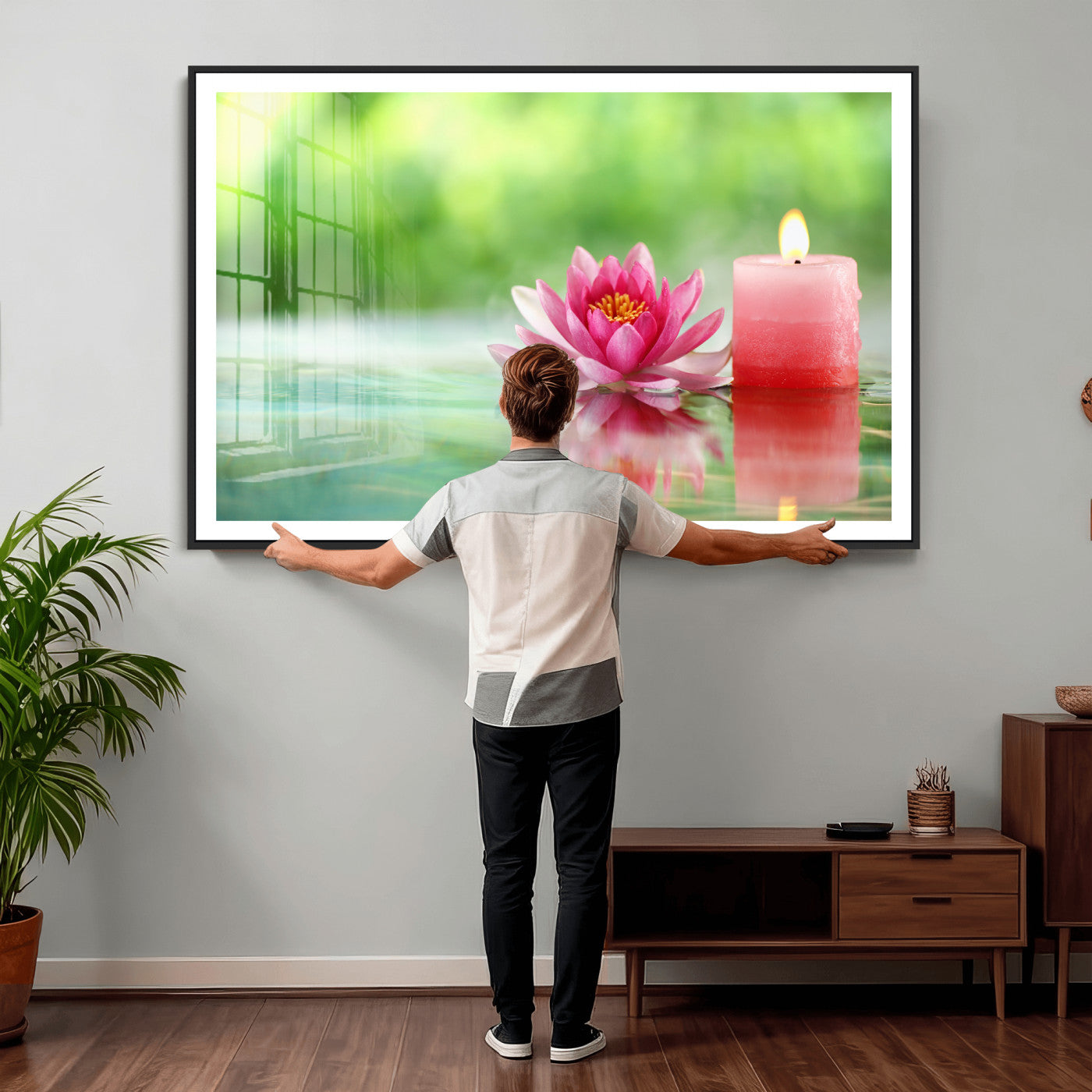 17661715-MGV-CV-36X24 - Zen Lotus Candle Canvas Wall Art Pink Spa Meditation Relaxation Green Bokeh Framed Large for Bathroom Bedroom Living Room Office Decor