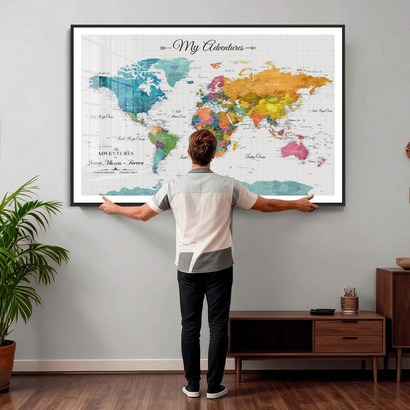 56239817-MGV-CV-36X24 - Custom Push Pin Watercolor World Map Canvas Wall Art Print – Abstract Colorful Travel Wall Decor