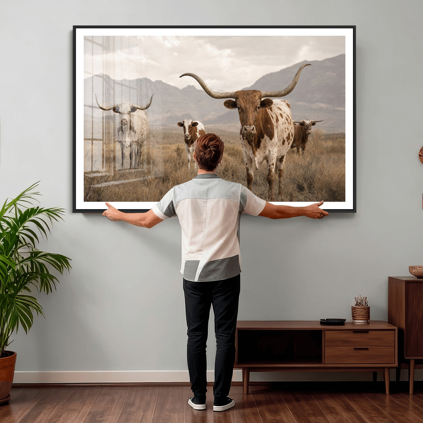 62336425AD-MGV-CV-36X24 - Rustic Texas Longhorn Cow Canvas Wall Art Print, Rustic Farm Animal Photography Print, Farmhouse Country Decor, Western Ranch Art