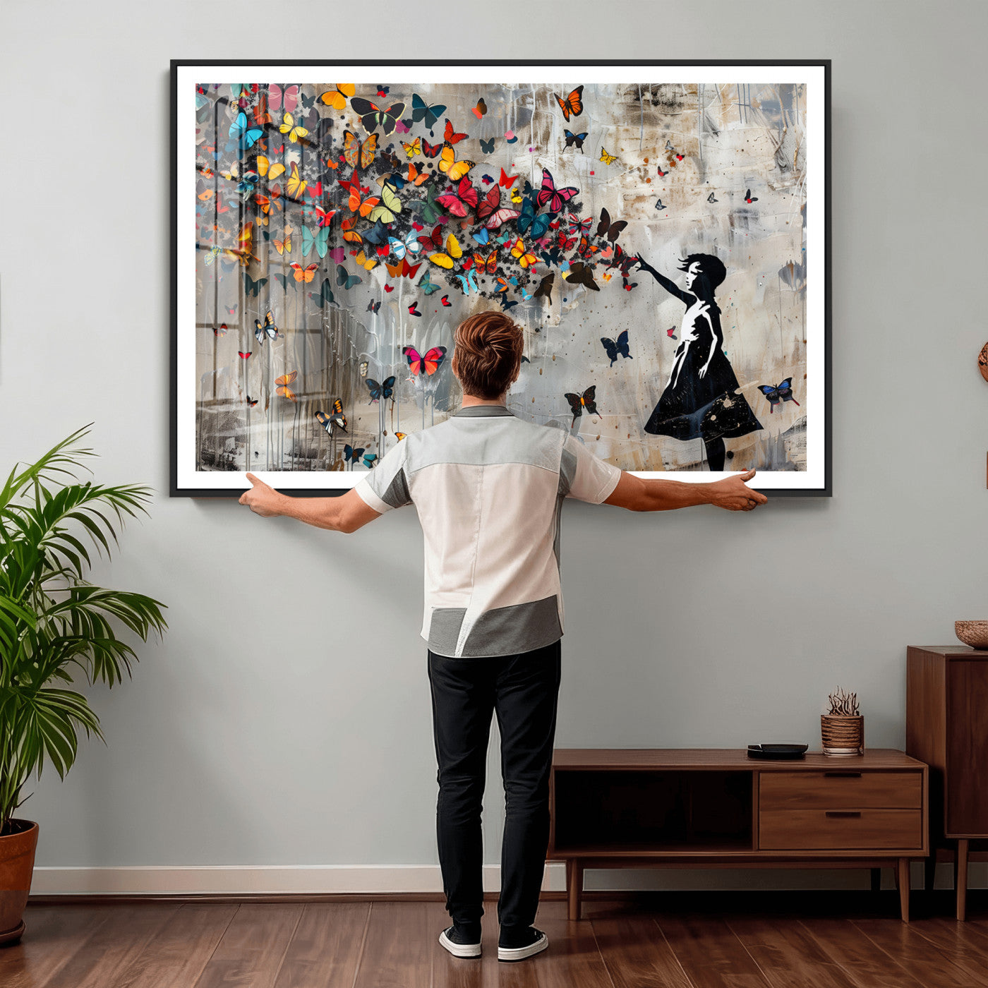 40269-MGV-CV-36X24 - Banksy Wall Art - Banksy Girl and Butterfly Explosion Wall Art Canvas Print | Girl with Butterflies