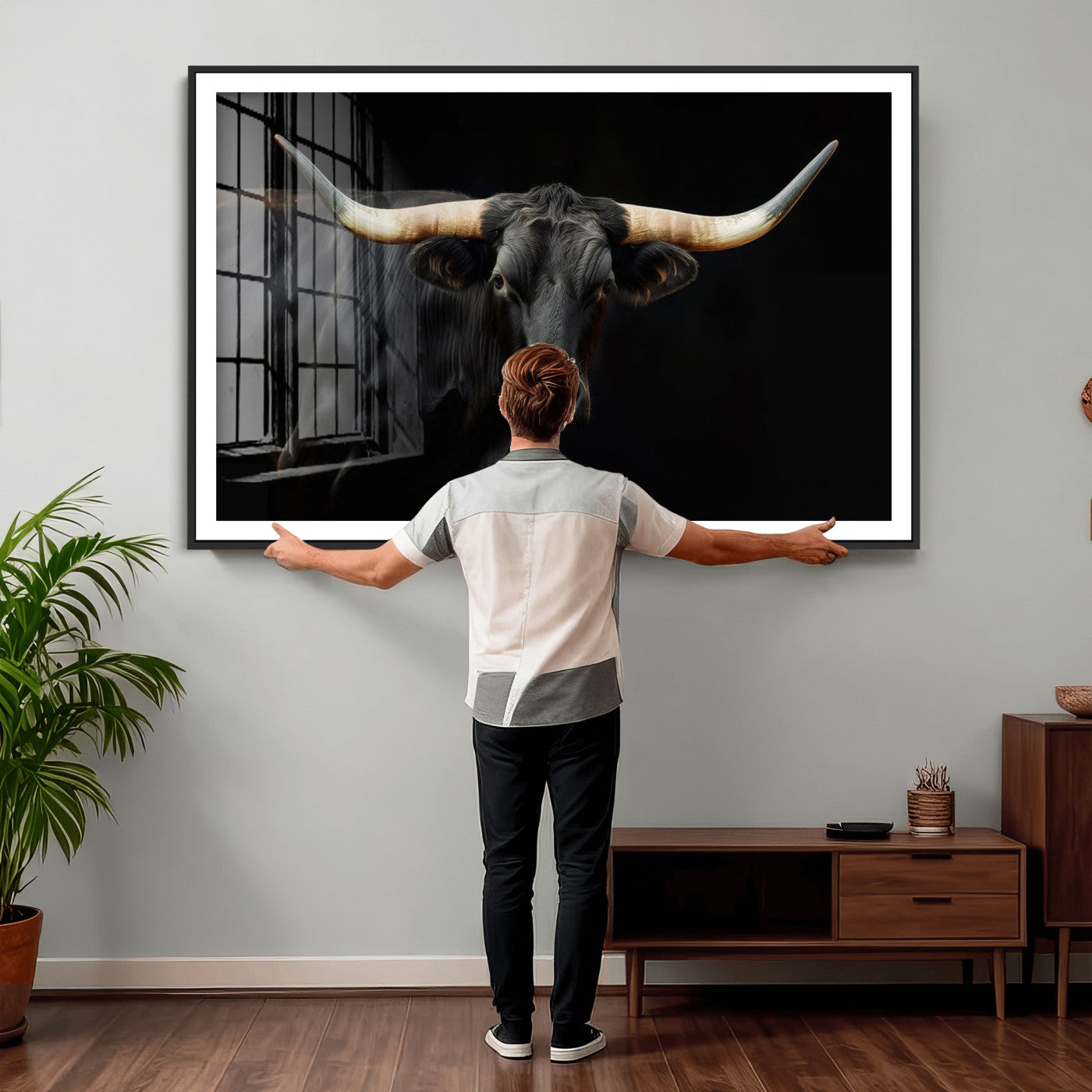 63798-MGV-CV-36X24 - Texas Longhorn Cow | Majestic Black Bull Wall Art Canvas Print - Farmhouse Animal Decor - Ready to
