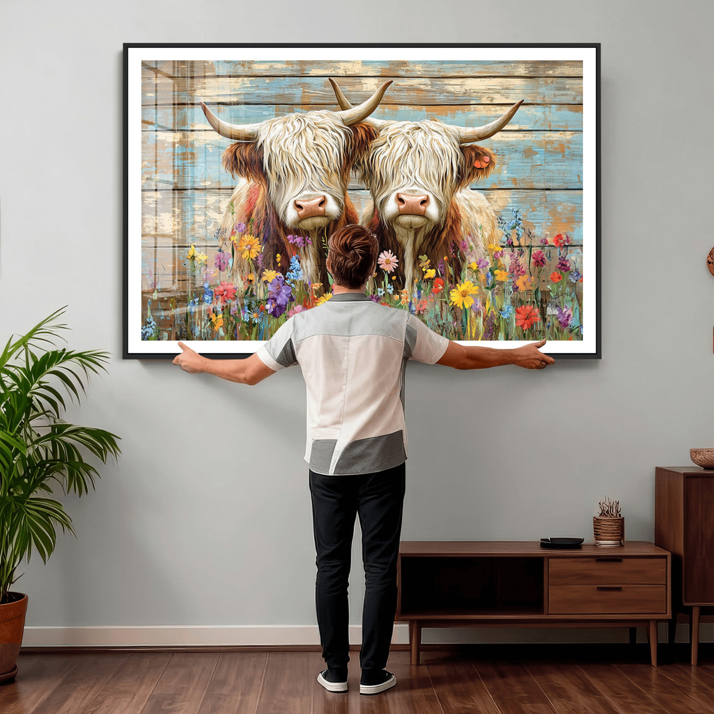 36972-MGV-CV-36X24 - Cute Highland Cow Canvas Wall Art - Rustic Farmhouse Decor with Colorful Flowers Perfect Wall Art