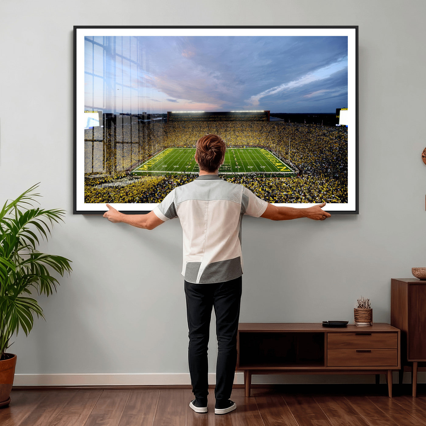 82641-MGV-CV-36X24 - Michigan Stadium Wall Art Canvas Print, Vibrant Game Day Crowd and Sunset Sky Football Field Artwork for Home, Office