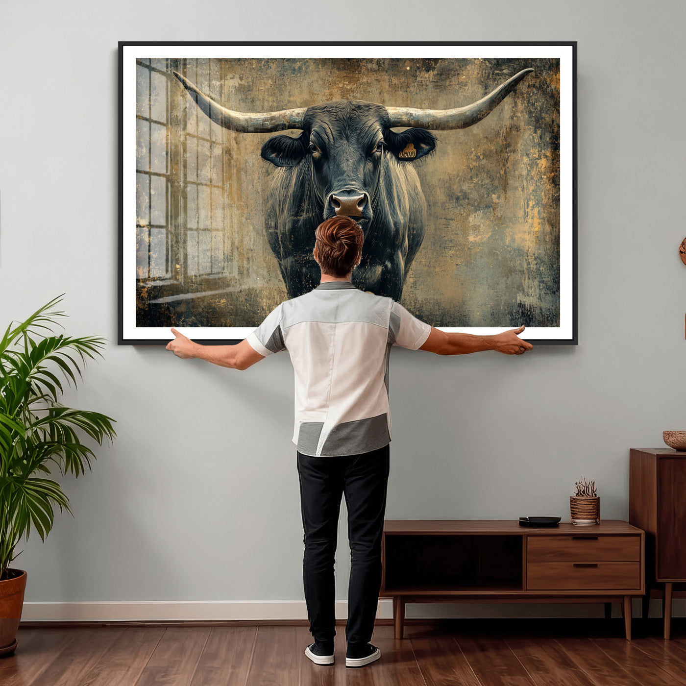 57385-MGV-CV-36X24 - Longhorn Bull Wall Art Canvas Print, Framed Rustic Cow Art Picture Print, Texas Longhorn Perfect Western Decor Artwork