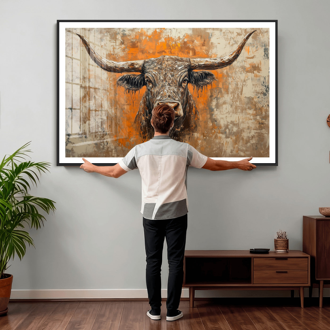 49976-MGV-CV-36X24 - Abstract Cow Longhorn Bull Wall Art Canvas Print - Rustic Texas Western Cattle Artwork