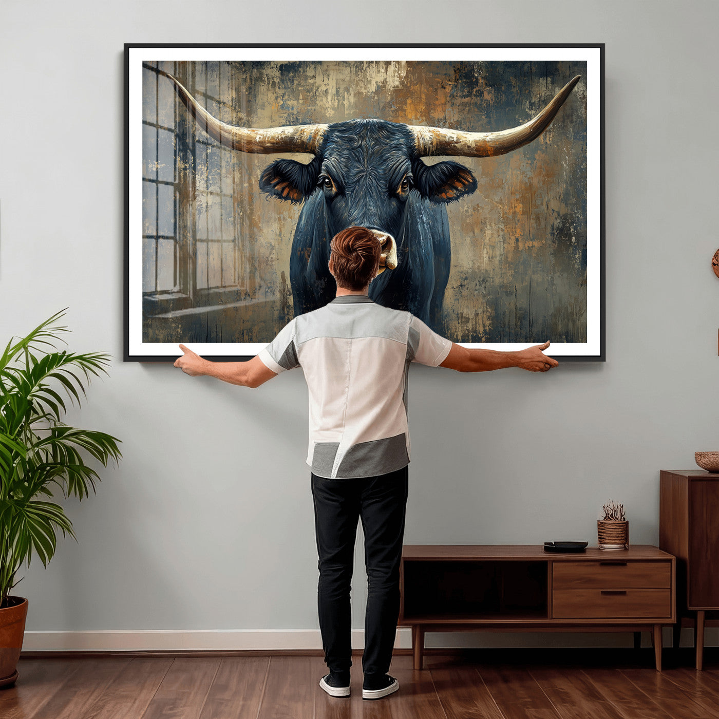 42026-MGV-CV-36X24 - Texas Western Wall Art Canvas Print - Abstract Cow Longhorn Bull Wall Art Canvas Print - Rustic Cow