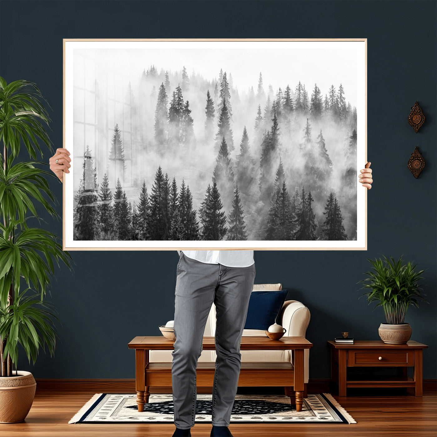 10422-MGV-CV-36X24 - Forest Wall Art Print | Foggy Pine Forest Canvas Wall Art - Black and White Nature Decor for Living