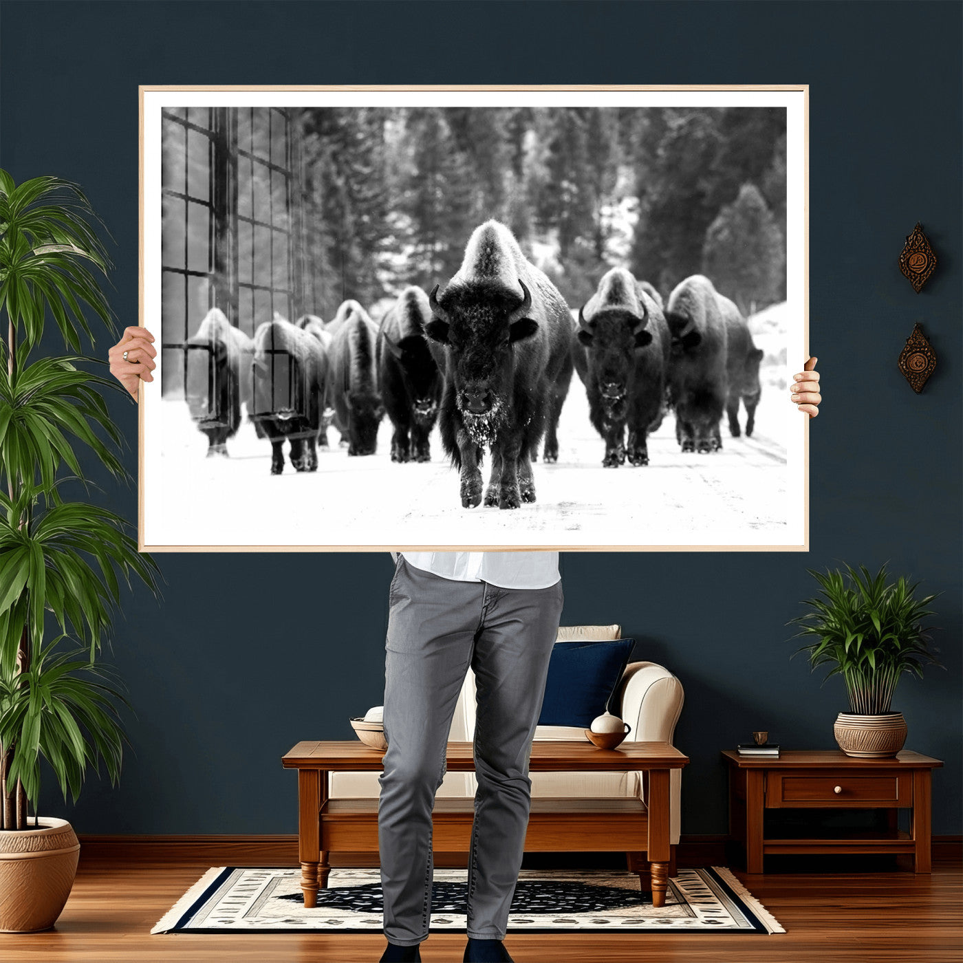 62434-MGV-CV-36X24 - Bison Herd in Snow Wall Art Canvas Print | Rustic Western Bison Wall Art for Decor for Living Room,